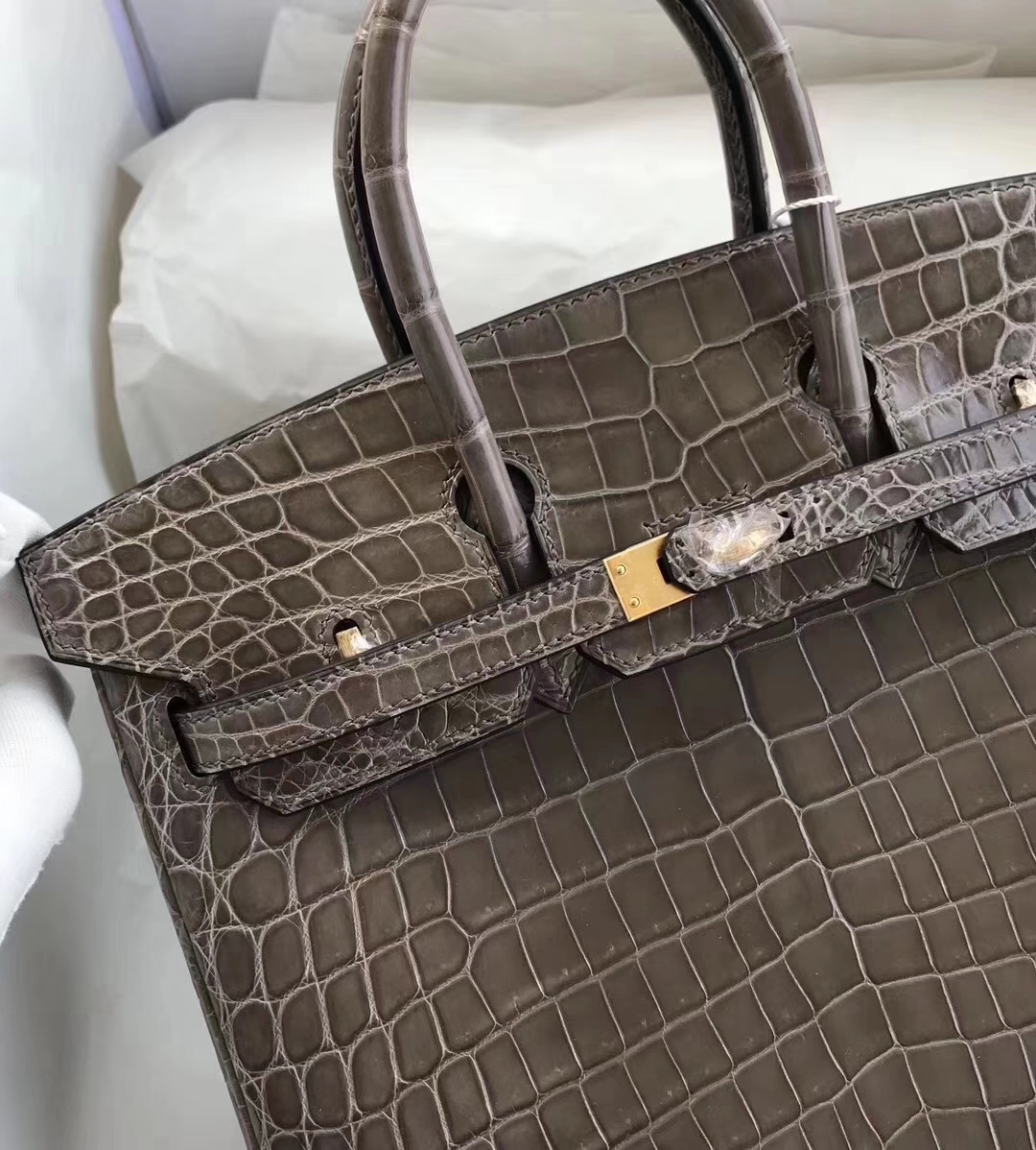 Hermès（爱马仕）Birkin铂金包 Crocodile shiny 亮面鳄鱼 ck81 斑鸠灰 金扣 顶级手缝 25cm