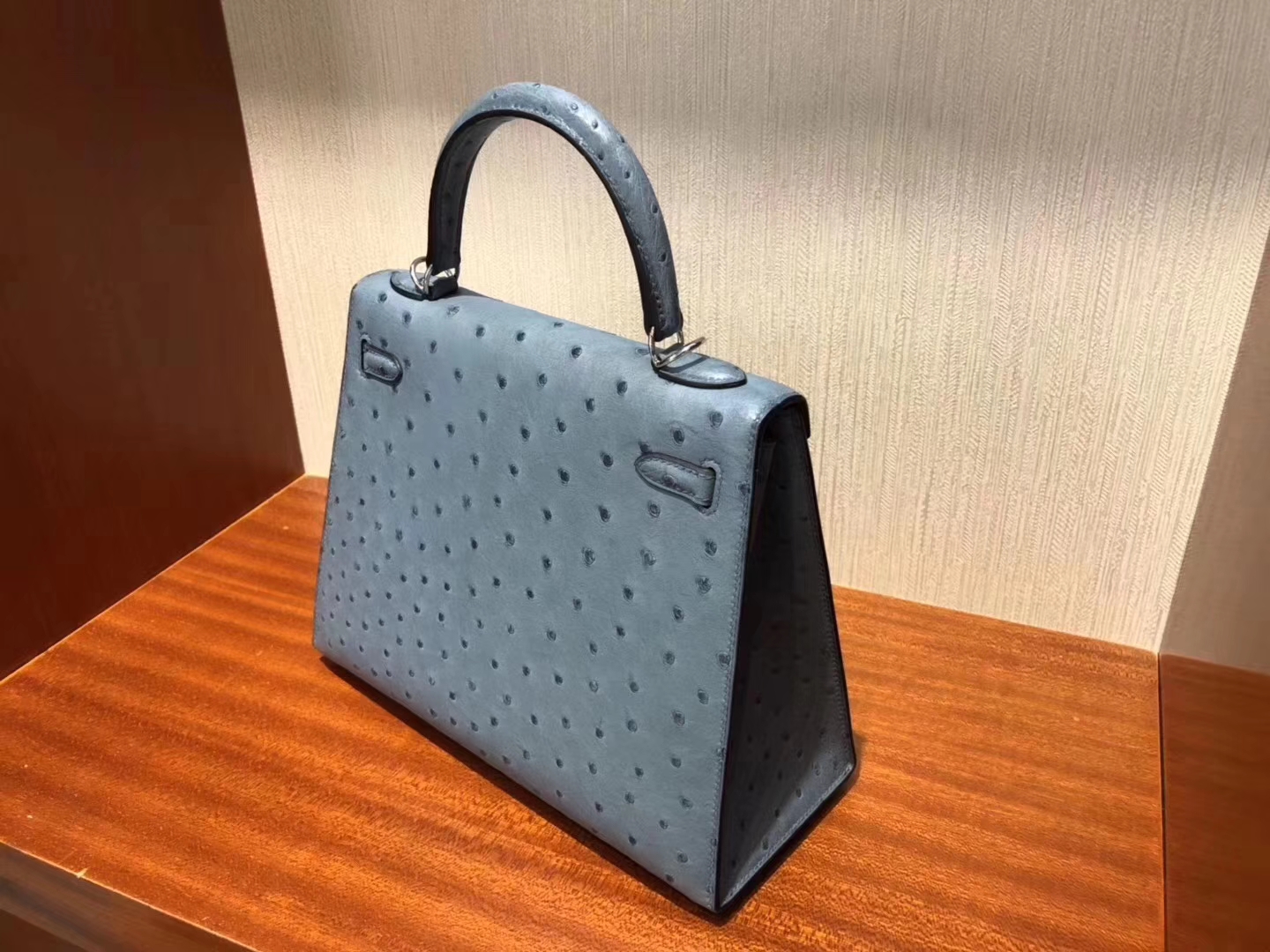 Hermès（爱马仕）Kelly凯莉包 Ostrich kk鸵鸟 8U 冰川蓝 blue glacier 银扣 25cm 现货