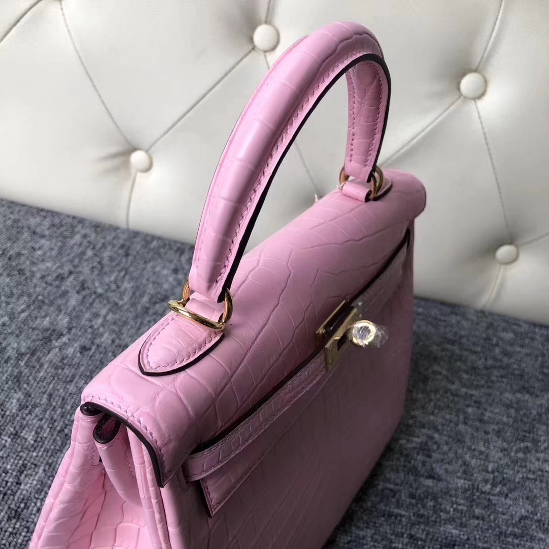Hermès（爱马仕）Kelly凯莉包 雾面两点尼罗鳄 5p樱花粉 顶级工艺 蜡线全手工 金扣 25cm