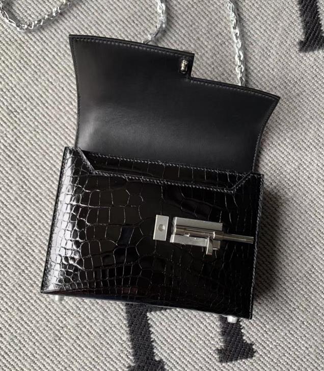 Hermès（爱马仕）Verrou插销包 Alligator shiny 美洲亮面鳄鱼 黑色 银扣 17cm