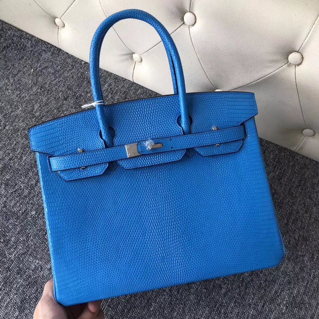 Hermès（爱马仕）Birkin铂金包 Lizard 御用进口蜥蜴皮 7W伊兹密尔蓝 银扣 30cm