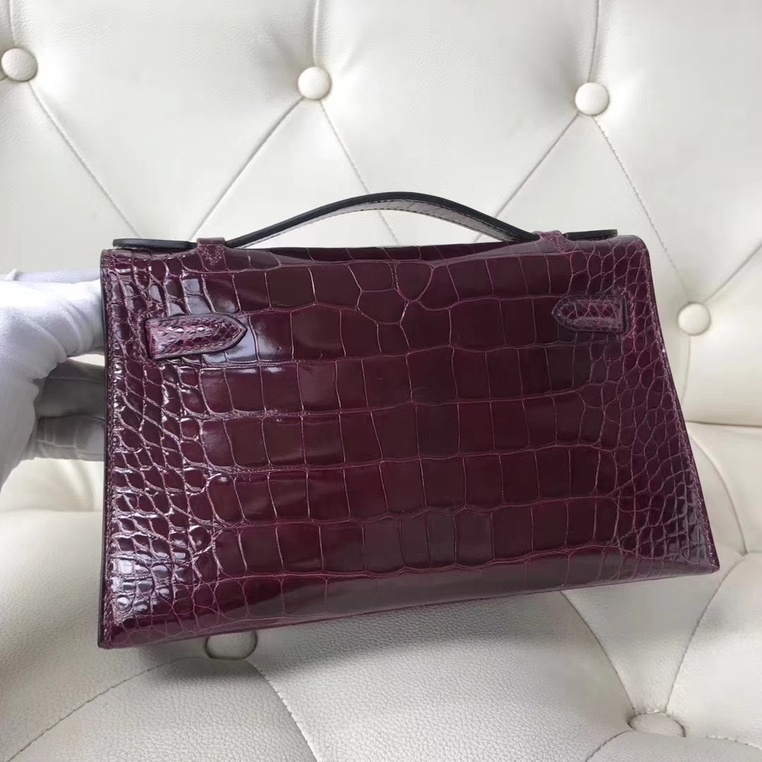 Hermès（爱马仕）Minikelly pochette 亮面鳄鱼 ck57 波尔多酒红 金扣 22cm 手拿包 晚宴包
