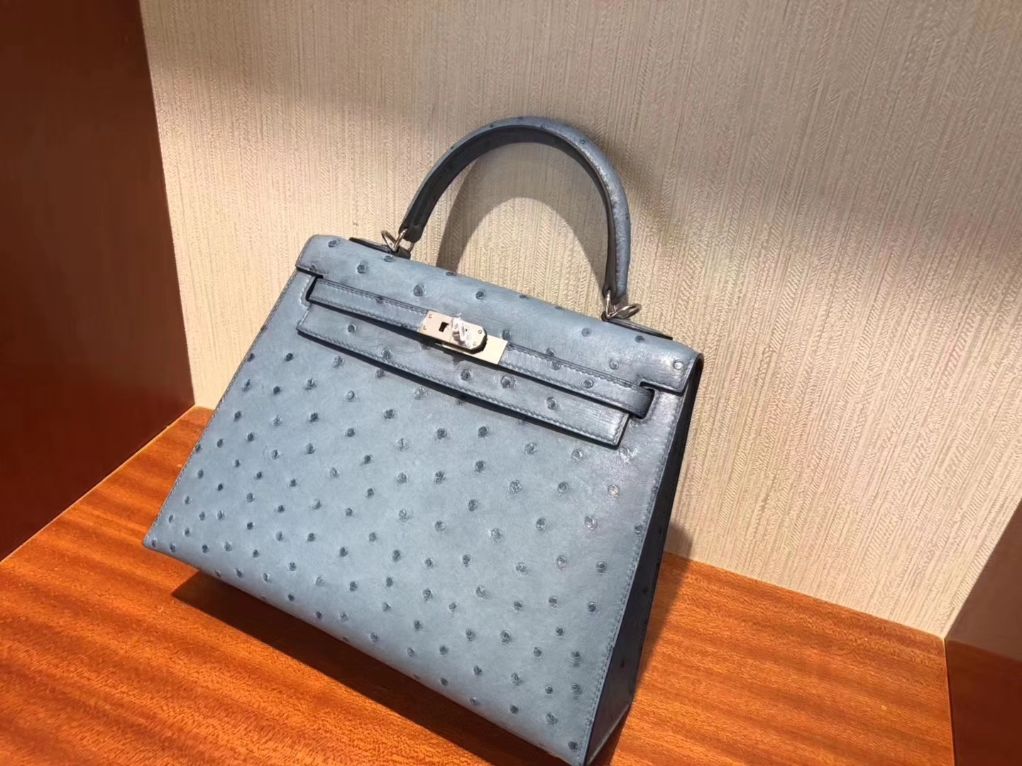 Hermès（爱马仕）Kelly凯莉包 Ostrich kk鸵鸟 8U 冰川蓝 blue glacier 银扣 25cm 现货