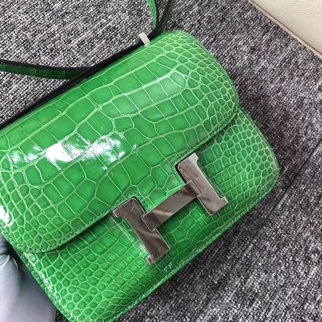 Hermès(爱马仕)Comstance空姐包 Alligator shiny 亮面鳄鱼 1T 仙人掌绿 银扣 18cm-拉尔森鳄鱼皮具定制 - 爱马仕包包官网 Hermès(爱马仕)Comstance空姐包 Alligator shiny 亮面鳄鱼 1T 仙人掌绿 银扣 18cm