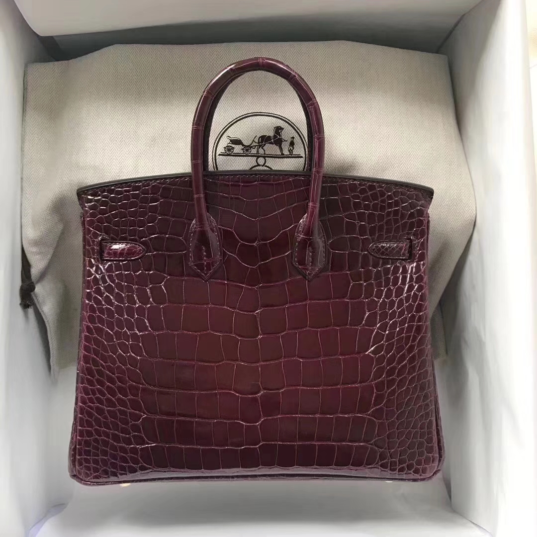 Hermès（爱马仕）Birkin铂金包 Alligator shiny 亮面鳄鱼 ck57 波尔多酒红 金扣 顶级手缝 25cm 现货