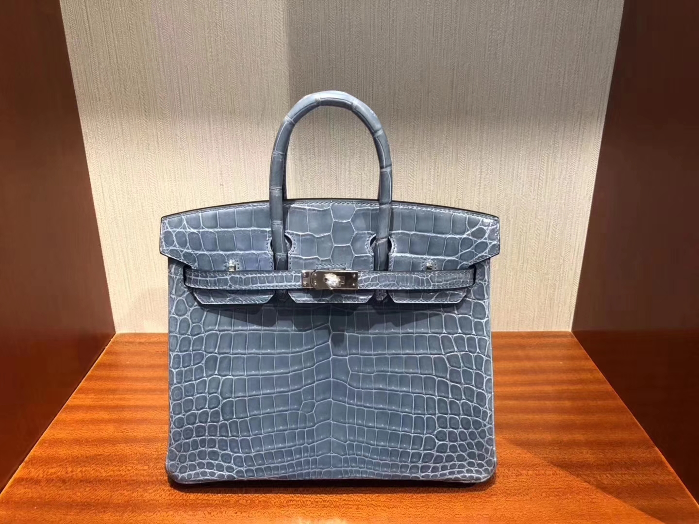Hermès（爱马仕）Birkin铂金包 牛仔蓝 亮面鳄鱼 ck75 银扣 顶级手缝 25cm 现货