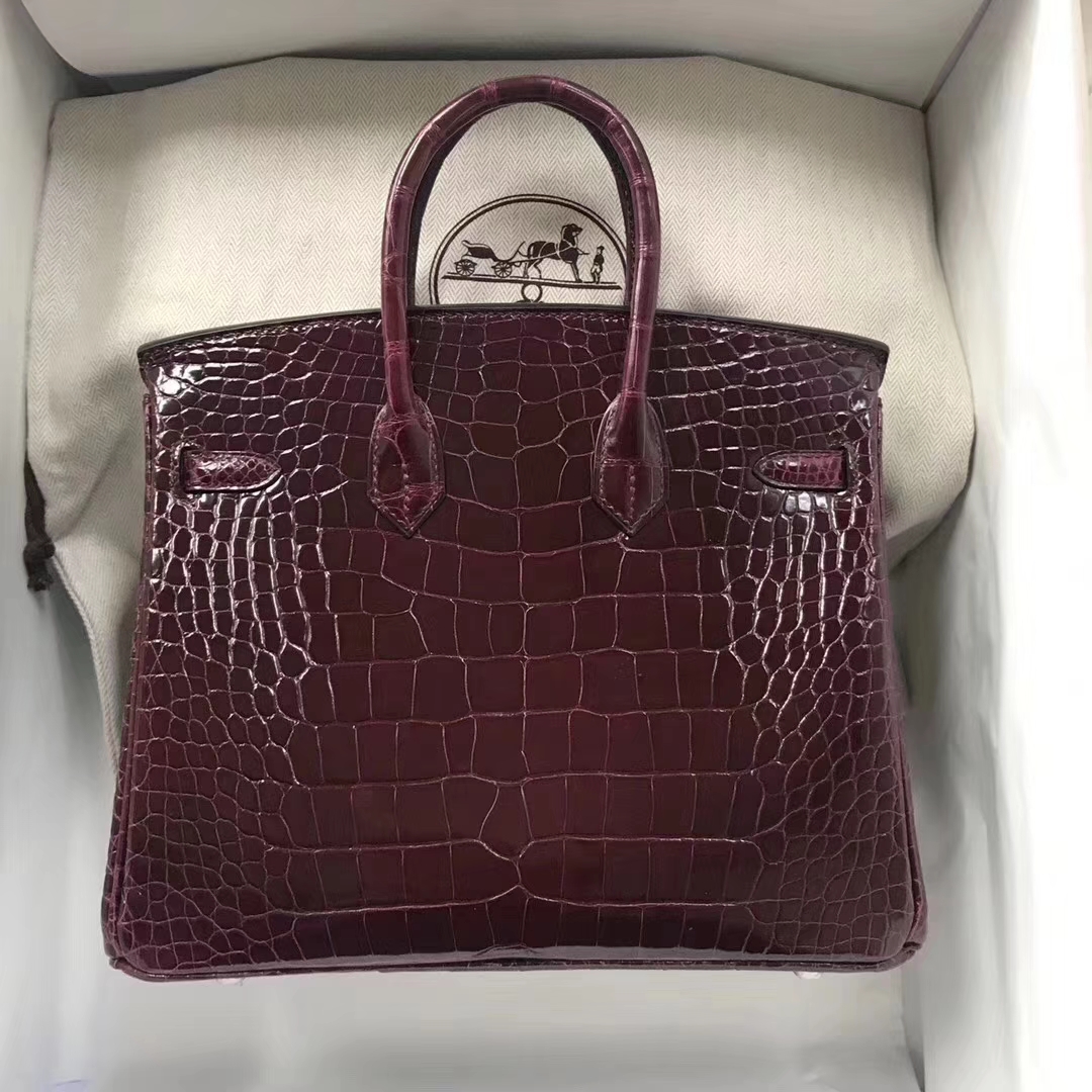 Hermès（爱马仕）Birkin铂金包 Alligator shiny 亮面鳄鱼 ck57 波尔多酒红 金扣 顶级手缝 25cm 现货