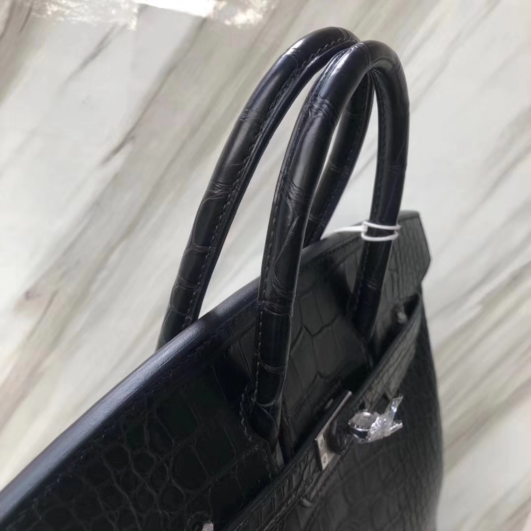 Hermès（爱马仕）Birkin铂金包 雾面框框美洲鳄 ck89黑色 顶级工艺 蜡线全手工 银扣 25cm
