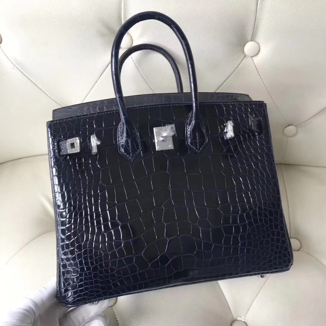 Hermès（爱马仕）Birkin铂金包 Alligator shiny 亮面鳄鱼 7K 宝石蓝 银扣 顶级手缝 25cm 现货