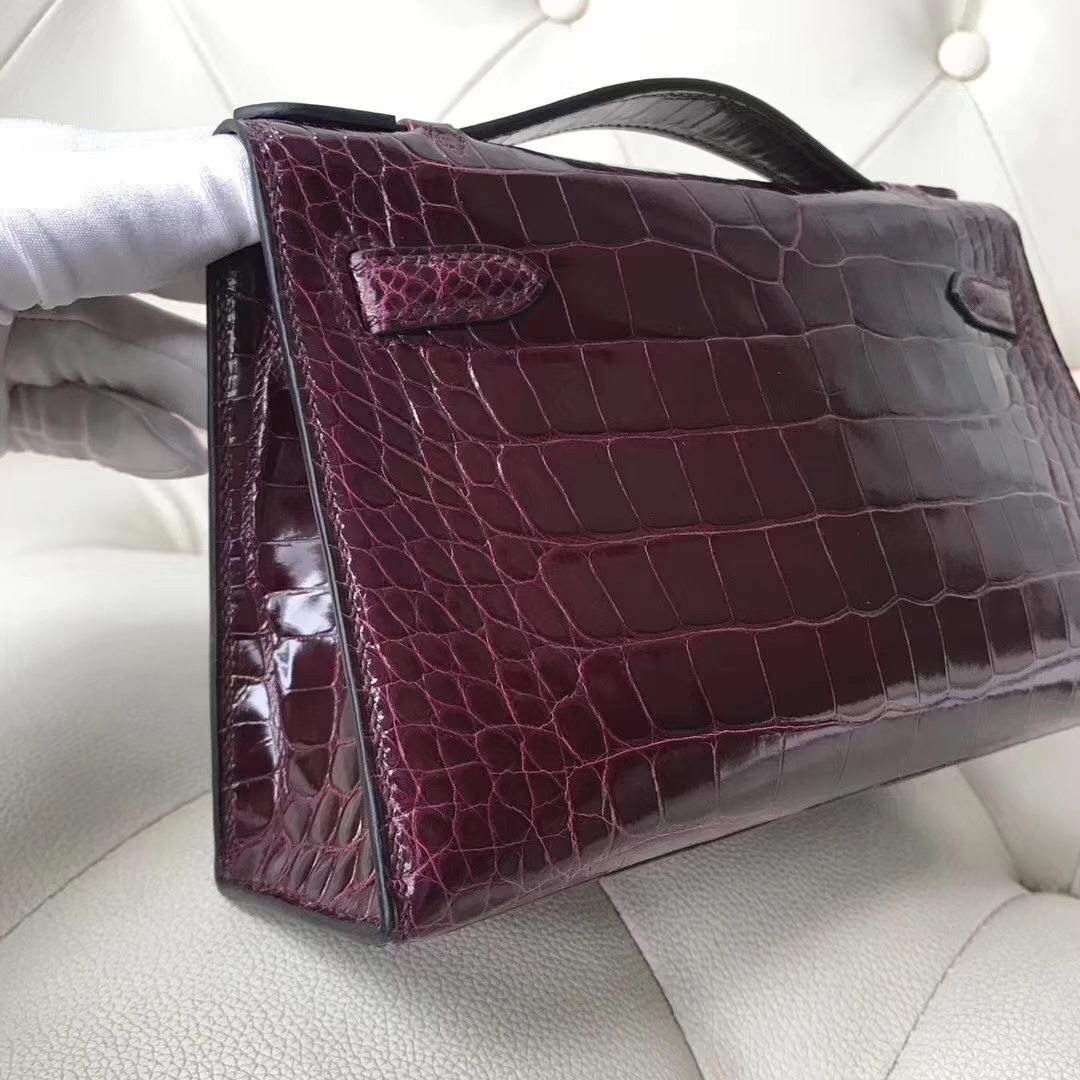 Hermès（爱马仕）Minikelly pochette 亮面鳄鱼 ck57 波尔多酒红 金扣 22cm 手拿包 晚宴包