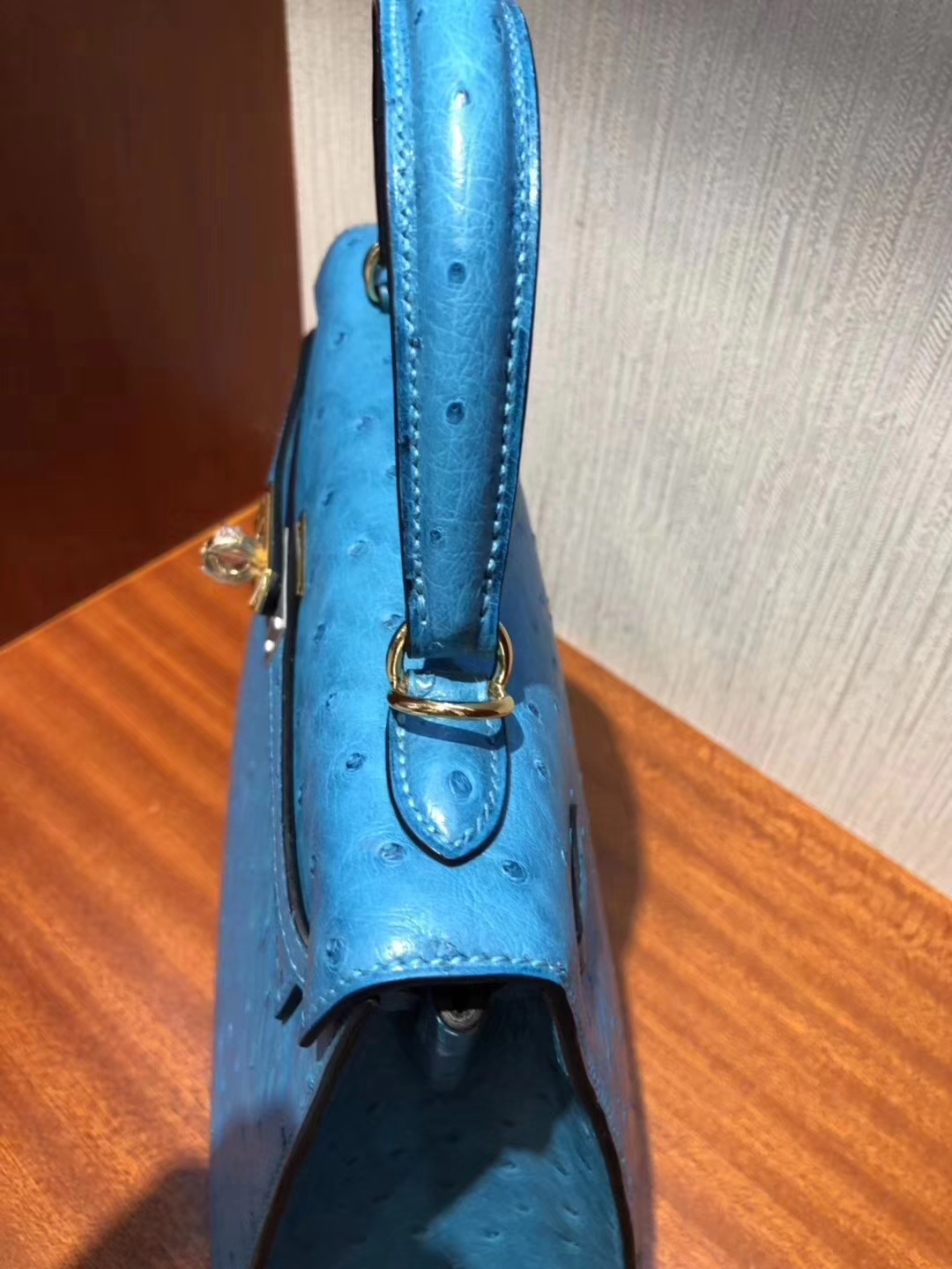 Hermès（爱马仕）Kelly凯莉包 Ostrich kk鸵鸟 7w 伊兹密尔蓝 金扣 小可爱 25cm 现货