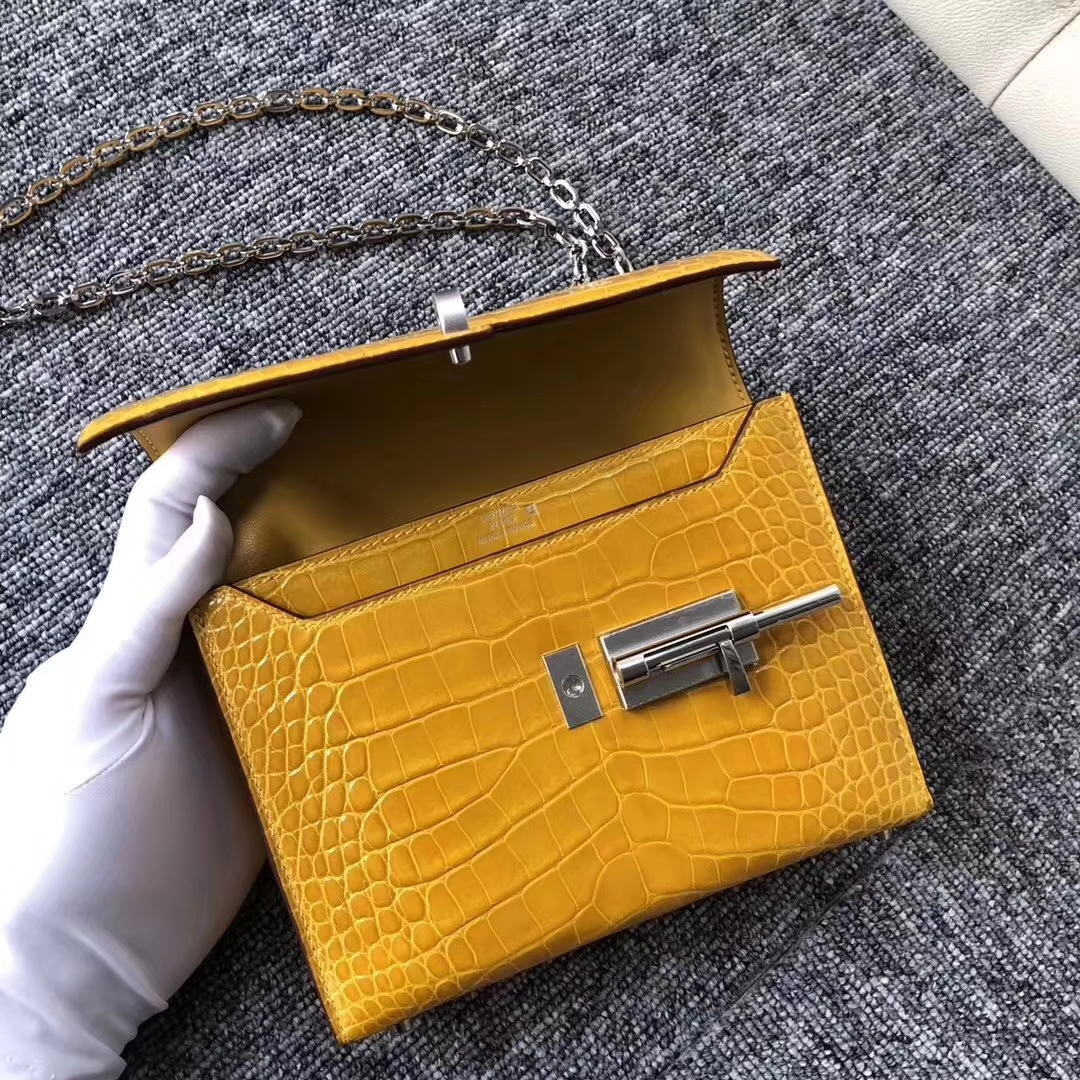 Hermès（爱马仕）Verrou插销包 Alligator shiny 亮面鳄鱼9D 琥珀黄 Ambre 17cm