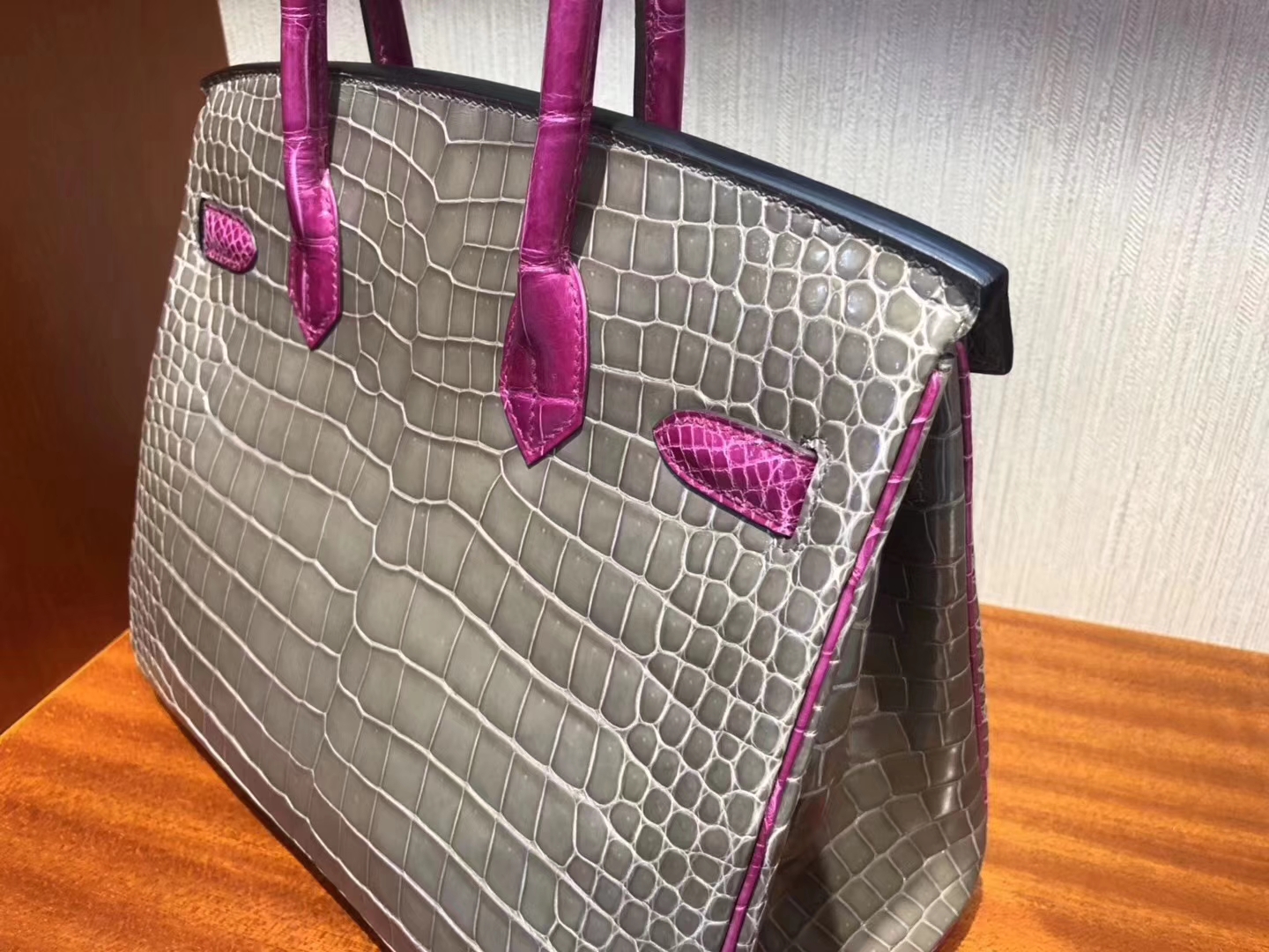 Hermès（爱马仕）Birkin铂金包 ck81 斑鸠灰拼J5 天方夜谭粉紫 亮面澳洲湾鳄 金扣 马蹄印 30cm