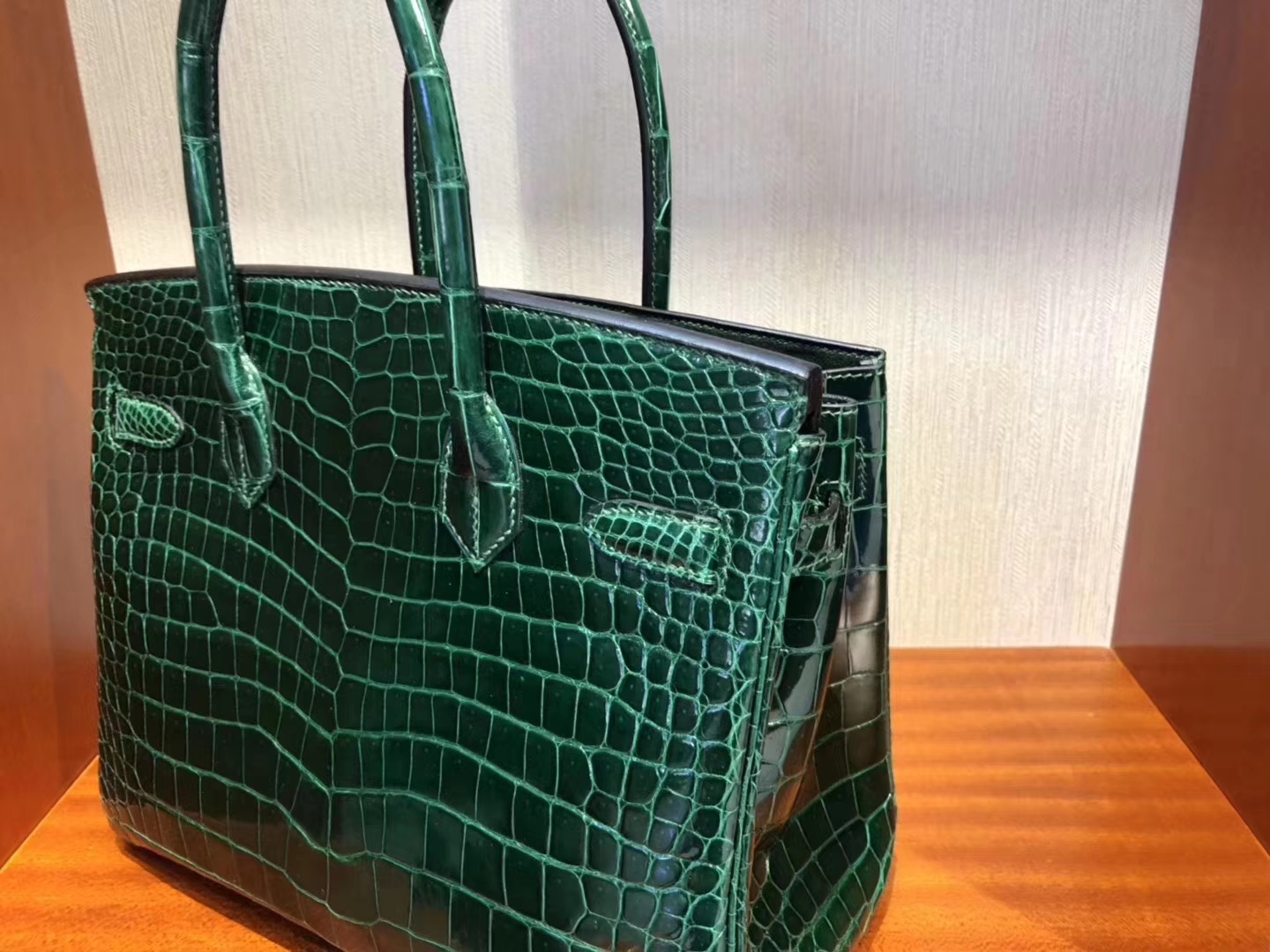 Hermès（爱马仕）Birkin铂金包 亮面澳洲鳄鱼 ck67 祖母绿  银扣 30cm
