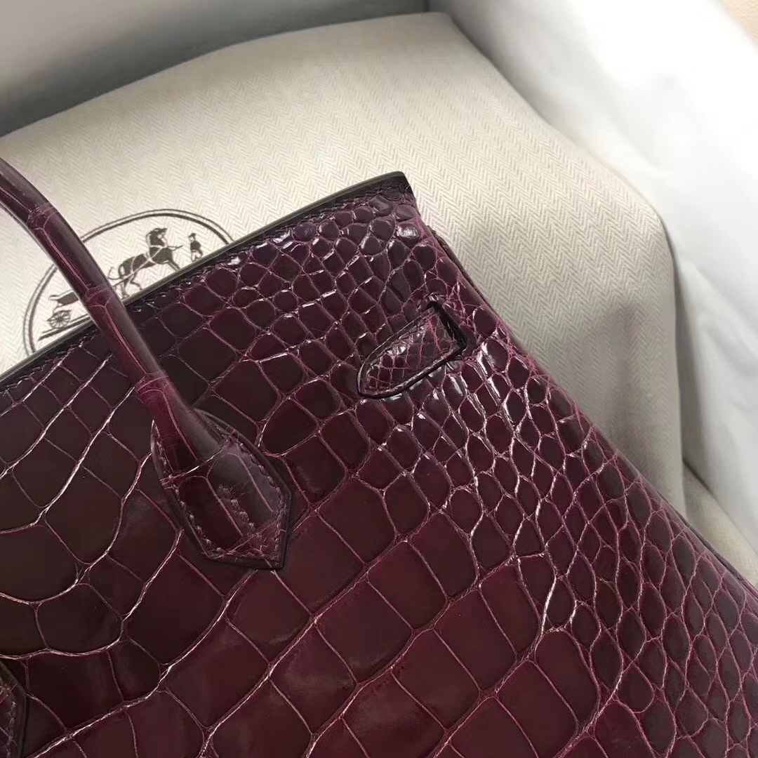 Hermès（爱马仕）Birkin铂金包 Alligator shiny 亮面鳄鱼 ck57 波尔多酒红 金扣 顶级手缝 25cm 现货