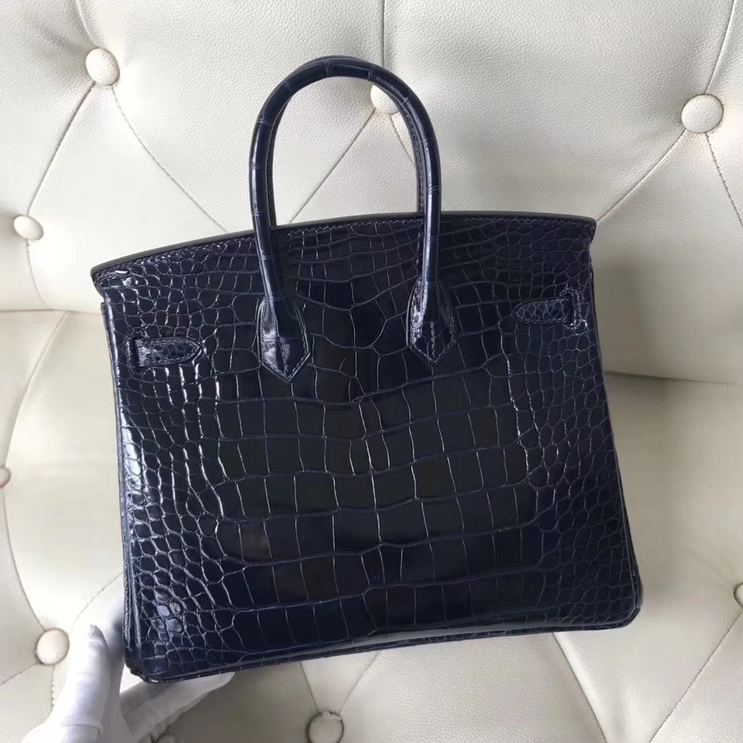 Hermès（爱马仕）Birkin铂金包 Alligator shiny 亮面鳄鱼 7K 宝石蓝 银扣 顶级手缝 25cm 现货