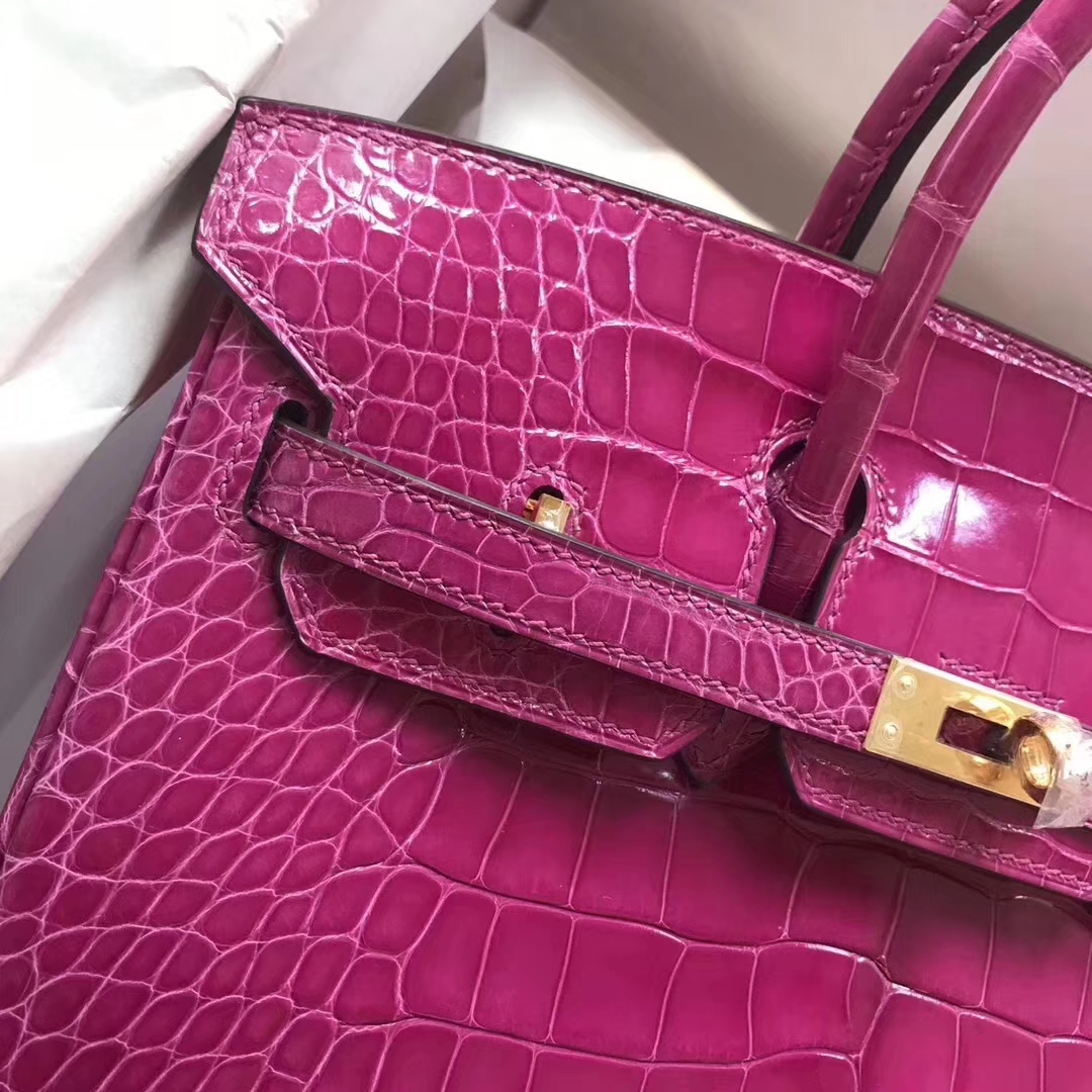 Hermès（爱马仕）Birkin铂金包 Alligator shiny 亮面鳄鱼J5 天方夜谭粉紫 金扣 顶级手缝 25cm