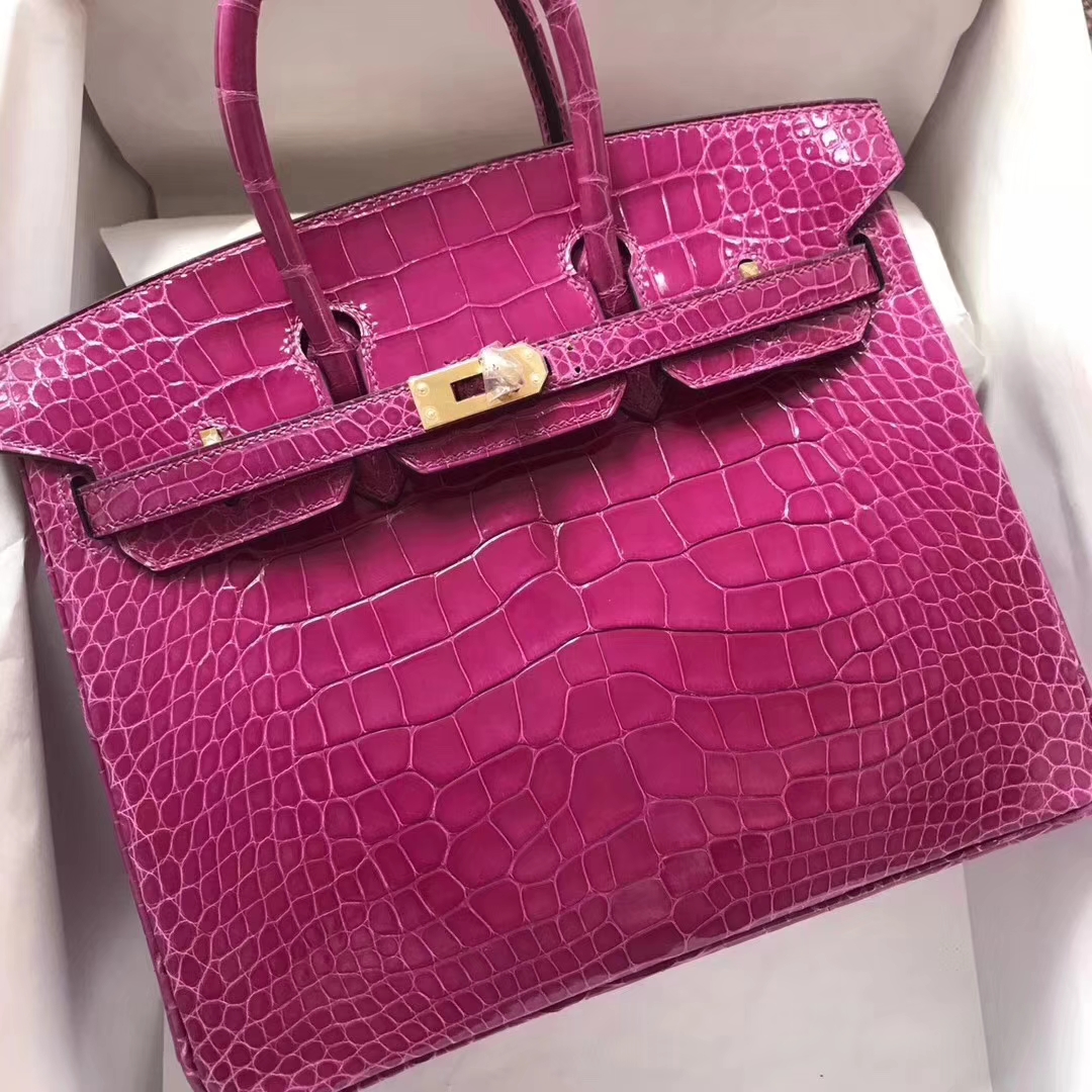 Hermès（爱马仕）Birkin铂金包 Alligator shiny 亮面鳄鱼J5 天方夜谭粉紫 金扣 顶级手缝 25cm