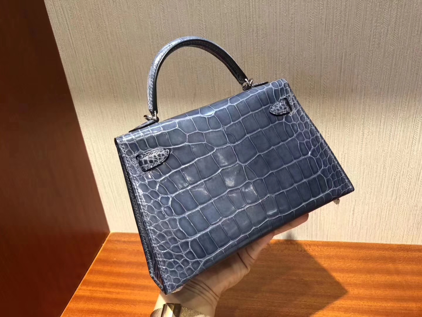 Hermès（爱马仕）Minikelly ll Alligator shiny 亮面鳄鱼 N7 风暴蓝 银扣