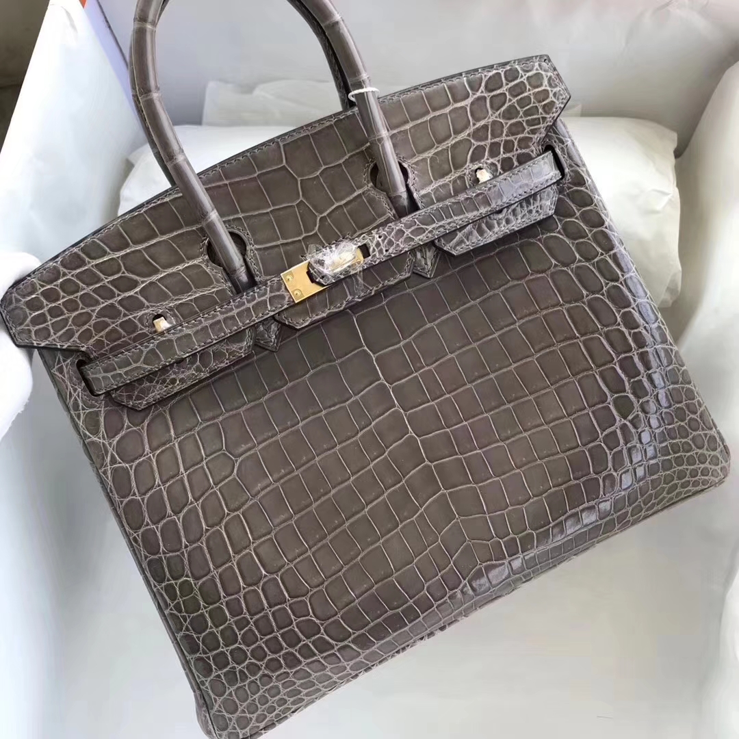 Hermès（爱马仕）Birkin铂金包 Crocodile shiny 亮面鳄鱼 ck81 斑鸠灰 金扣 顶级手缝 25cm