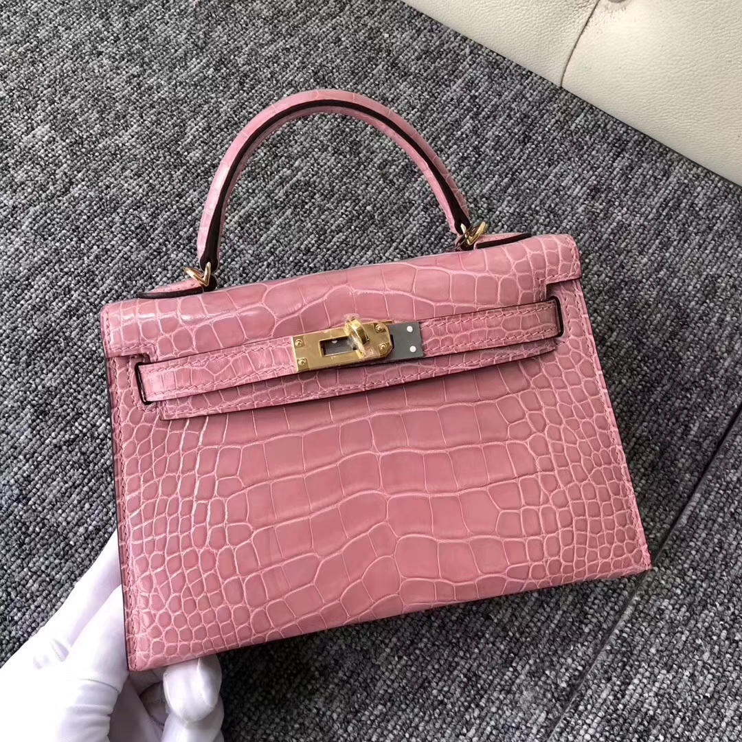 Hermès（爱马仕）Minikelly迷你凯莉 Alligator shiny 亮面鳄鱼 奶昔粉 金扣 超美现货 2代