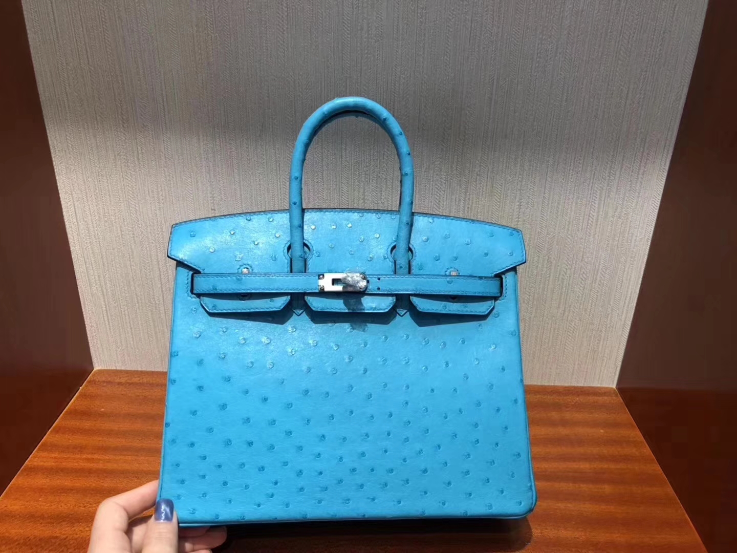 Hermès（爱马仕）Birkin铂金包 Ostrich kk 鸵鸟 3p 马卡龙蓝 银扣 25cm 现货