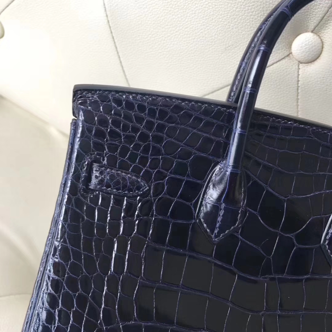 Hermès（爱马仕）Birkin铂金包 Alligator shiny 亮面鳄鱼 7K 宝石蓝 银扣 顶级手缝 25cm 现货