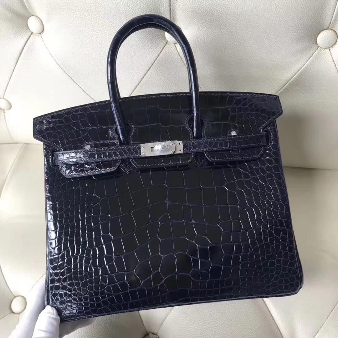 Hermès（爱马仕）Birkin铂金包 Alligator shiny 亮面鳄鱼 7K 宝石蓝 银扣 顶级手缝 25cm 现货