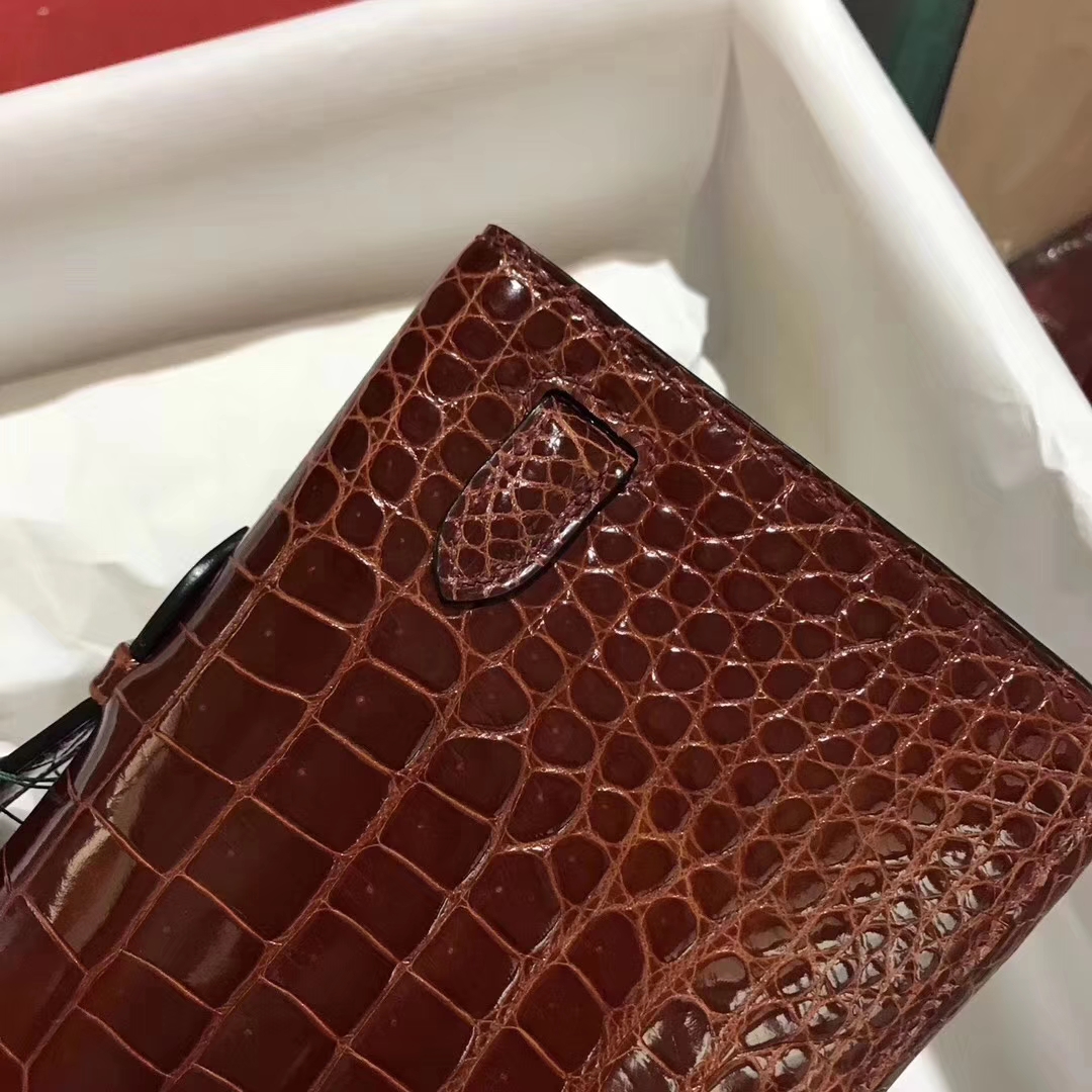 Hermès（爱马仕）Kellycut 31cm 亮面倒V 澳洲湾鳄 Shiny porosus crocodile CC31蜜糖棕 Meile 金扣