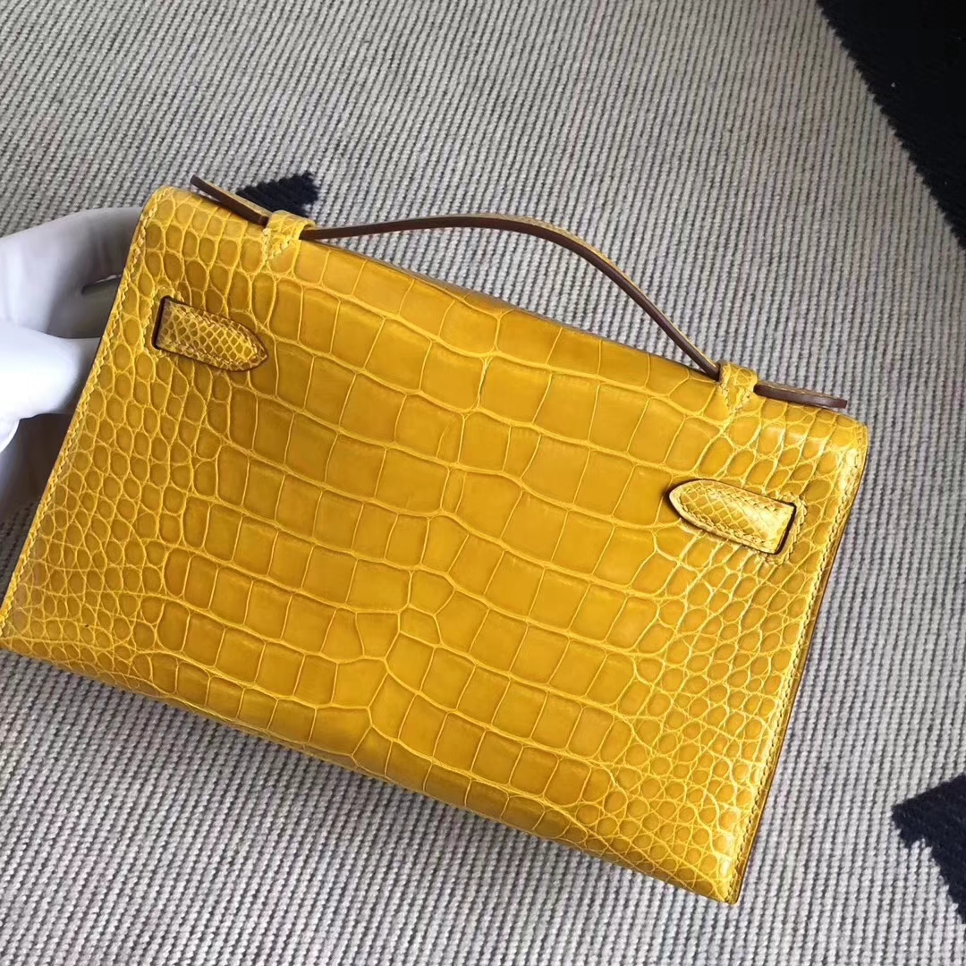 Hermès（爱马仕）MiniKelly 22cm Shiny alligator crocodile 亮面方块 美洲鳄鱼 9D琥珀黄 金扣 现货