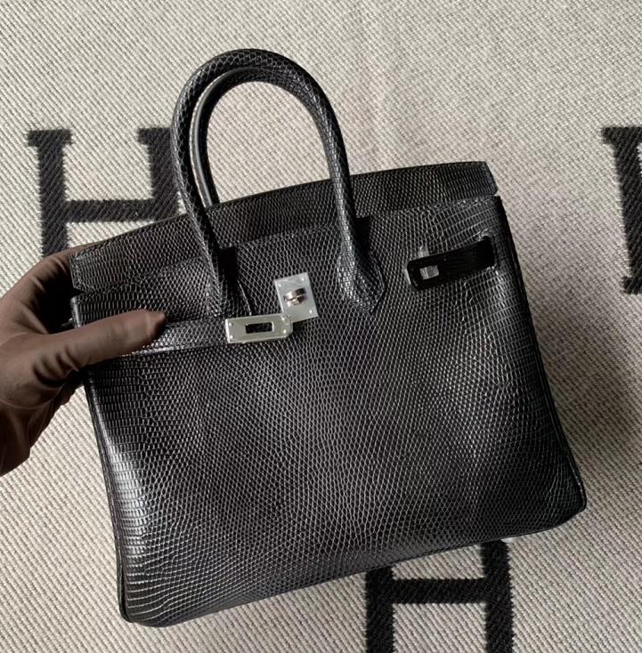 Hermès（爱马仕）Birkin铂金包 黑色 精选顶级蜥蜴皮 银扣 25cm