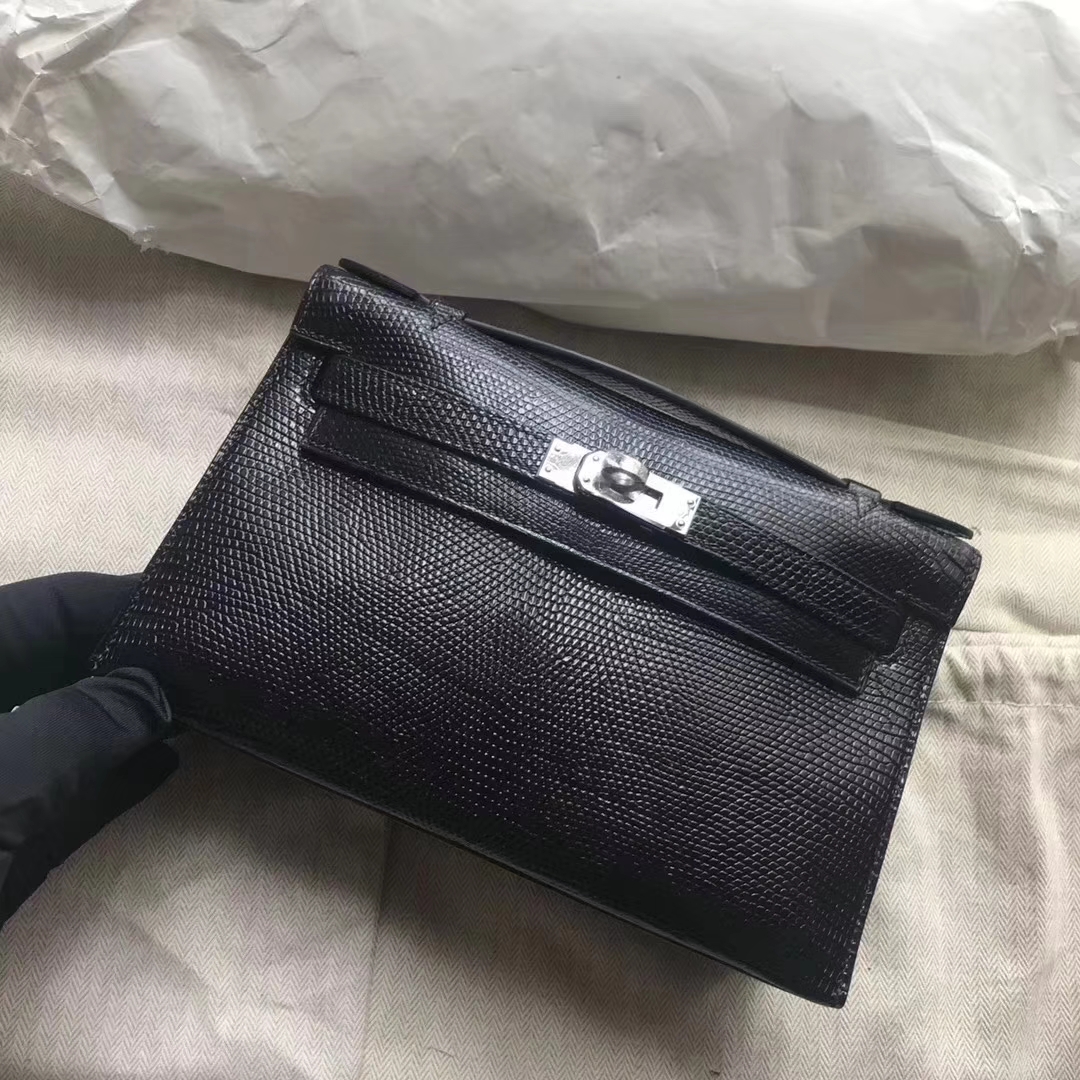 Hermès（爱马仕）Minikelly pochette 22cm Lizard 进口亮面蜥蜴 ck89 黑色 noir 银扣 手拿包 晚宴包