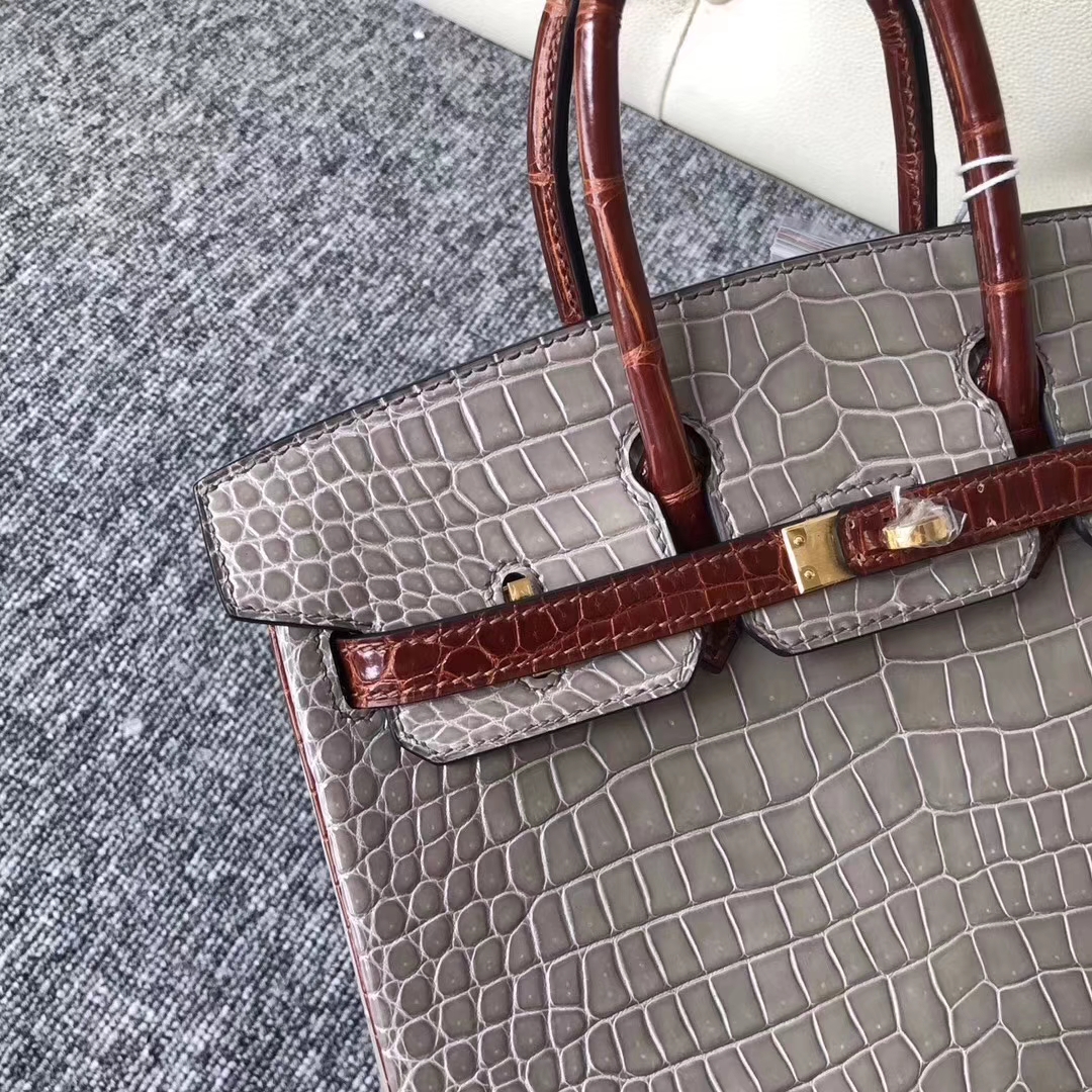 Hermès（爱马仕）Birkin铂金包 Porosus shiny 亮面澳洲鳄鱼 ck81 斑鸠灰  ck31 蜜糖棕 金扣 25cm