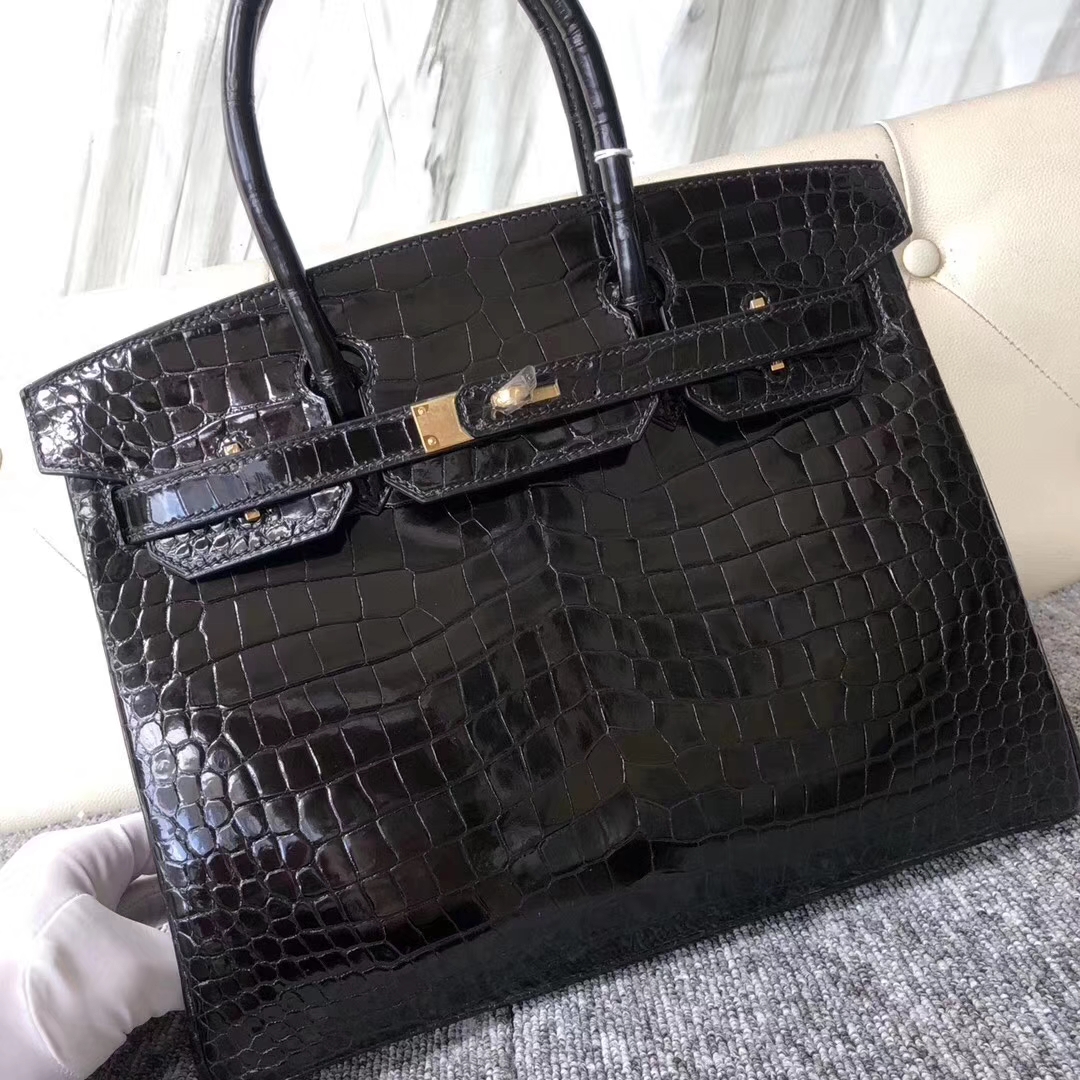 Hermès（爱马仕）Birkin铂金包 Porosus shiny 亮面澳洲湾鳄 ck89 黑色 noir 金扣 30cm