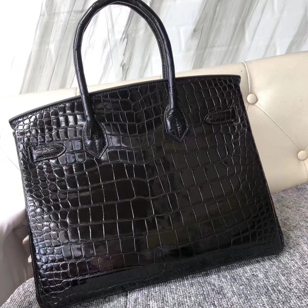 Hermès（爱马仕）Birkin铂金包 Porosus shiny 亮面澳洲湾鳄 ck89 黑色 noir 金扣 30cm