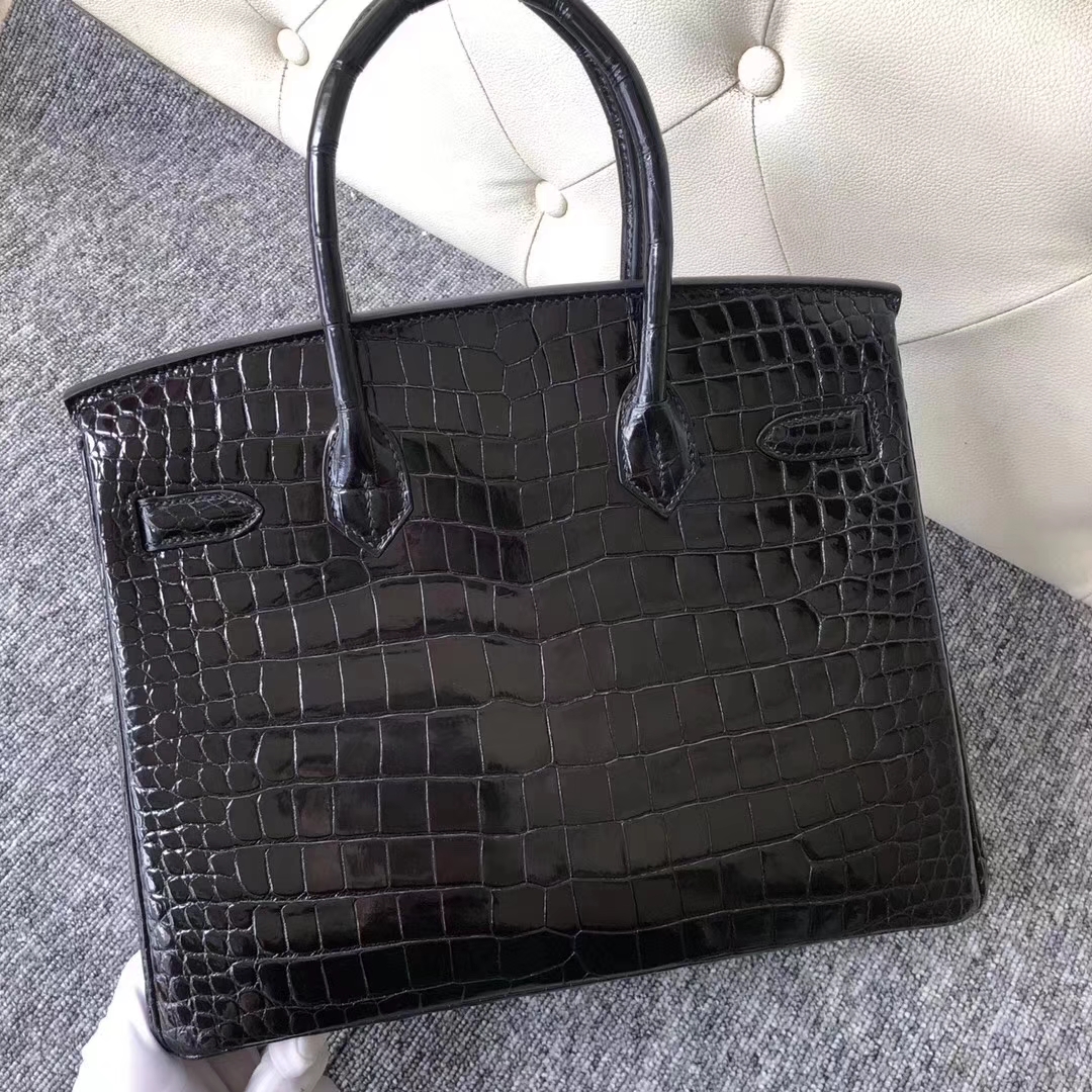 Hermès（爱马仕）Birkin铂金包 Porosus shiny 亮面澳洲湾鳄 ck89 黑色 noir 金扣 30cm