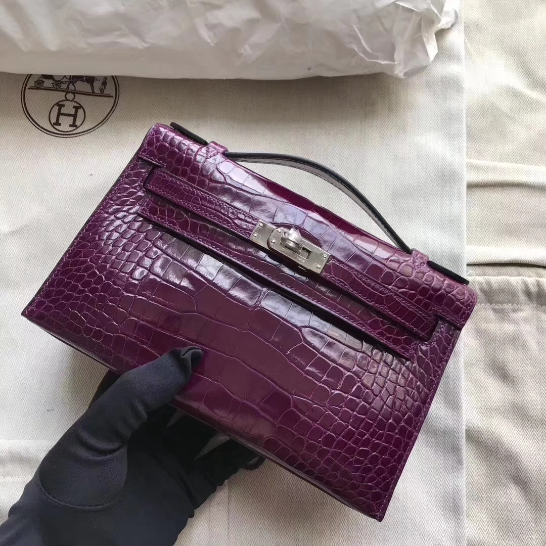 Hermès(爱马仕)Minikelly pochette 22cm Alligator shiny N5加仑紫 银扣-拉尔森鳄鱼皮具定制 - 爱马仕包包官网 Hermès(爱马仕)Minikelly pochette 22cm Alligator shiny N5加仑紫 银扣