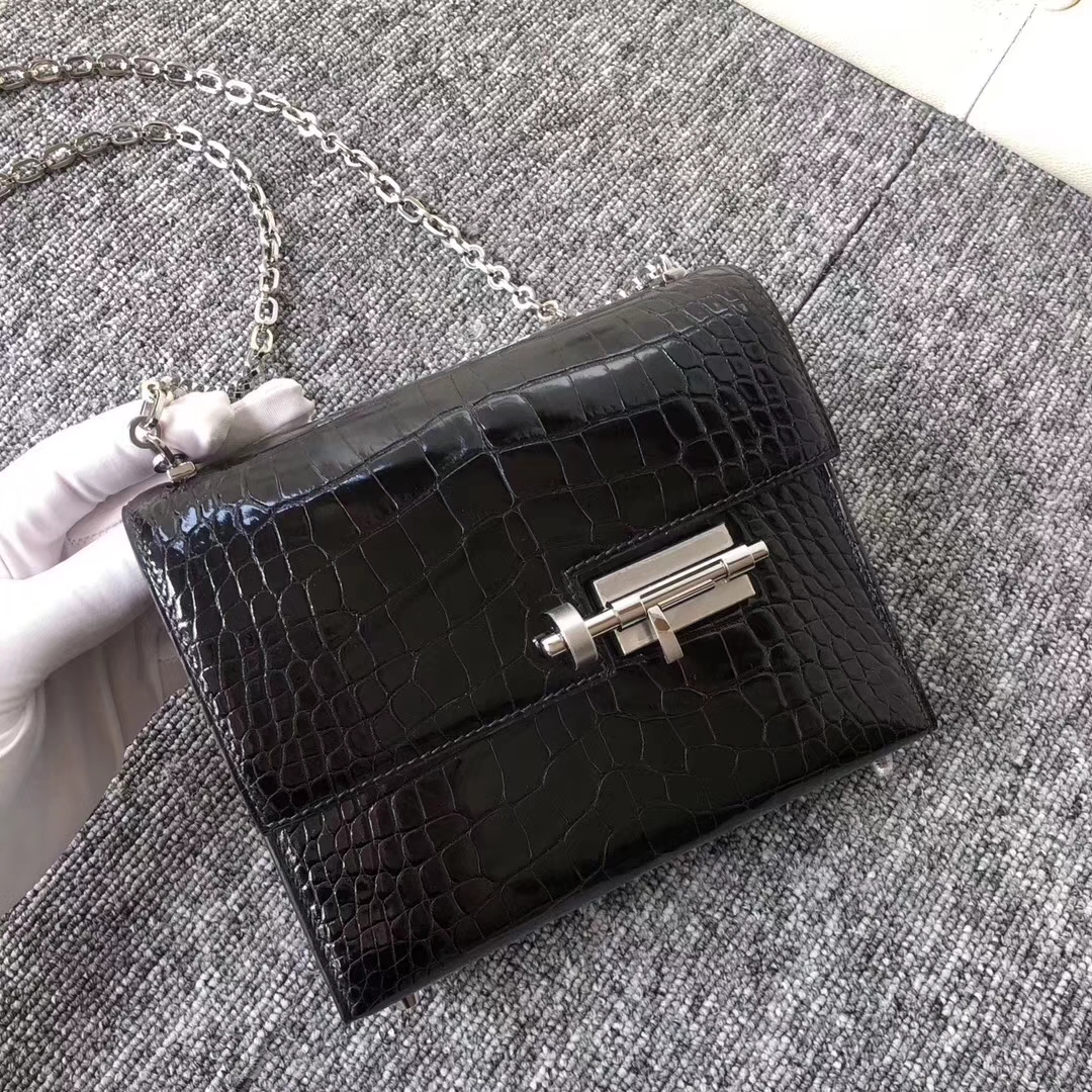 Hermès（爱马仕）定制款！Verrou17.5cm 手枪包 Alligator shiny 亮面鳄鱼 ck89 黑色 noir 银扣