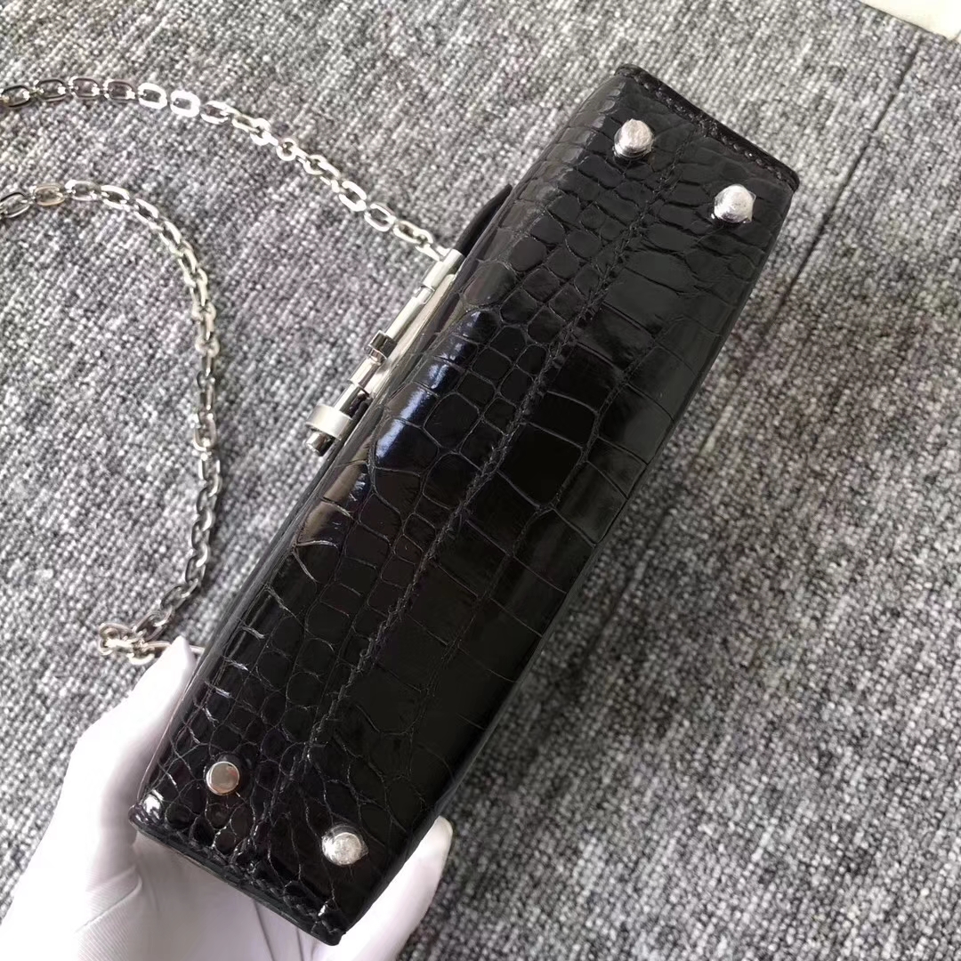 Hermès（爱马仕）定制款！Verrou17.5cm 手枪包 Alligator shiny 亮面鳄鱼 ck89 黑色 noir 银扣