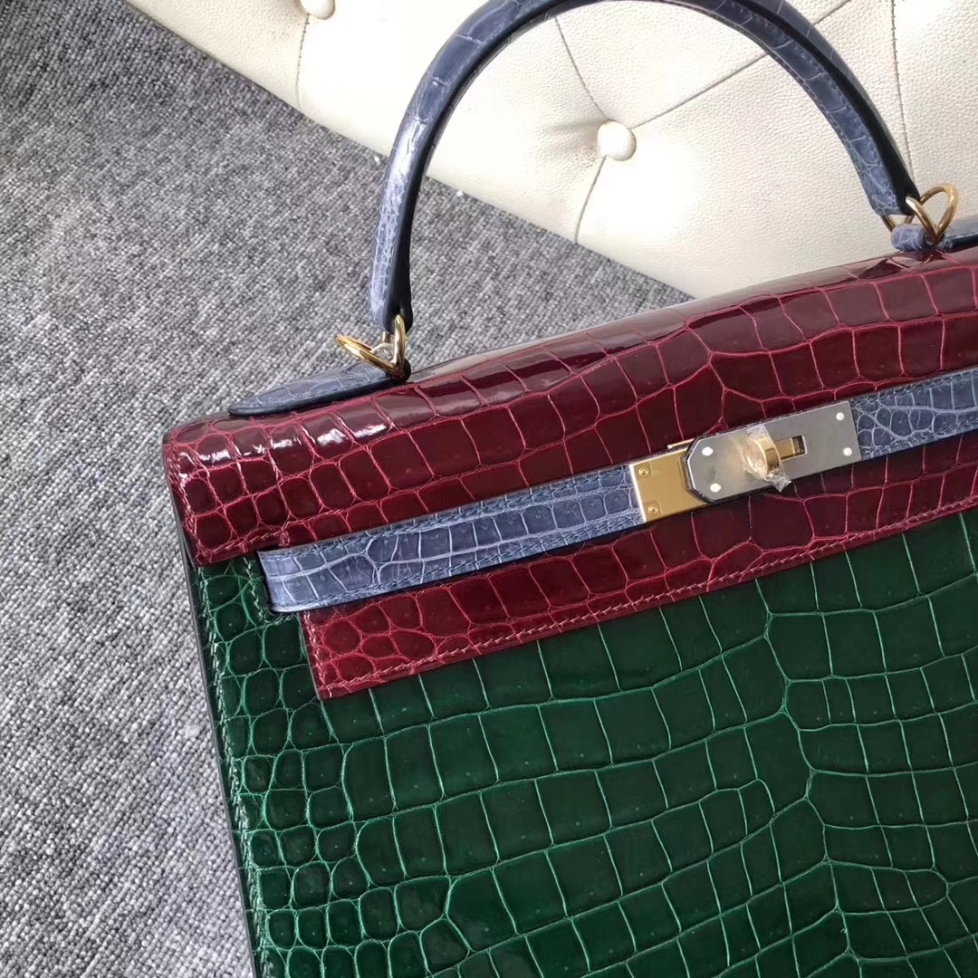 Hermès（爱马仕）Kelly凯莉包 porosus shiny 祖母绿勃艮第酒红风暴蓝金扣 马蹄印 32cm