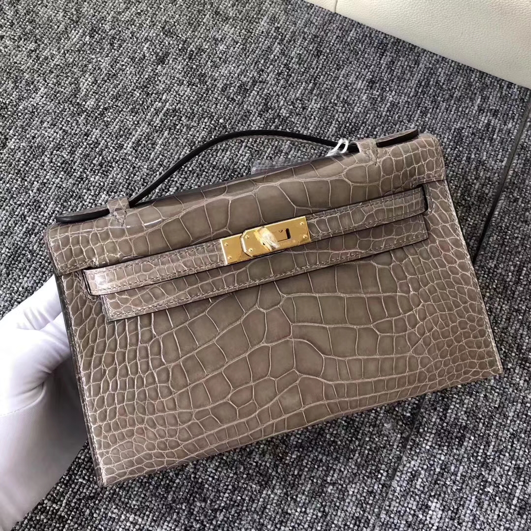 Hermès（爱马仕）MiniKelly 22cm Shiny alligator crocodile 亮面方块 美洲鳄鱼 CK81 斑鸠灰 金扣 现货