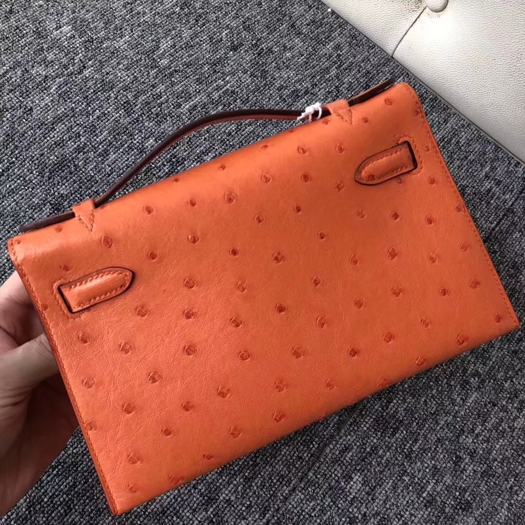 Hermès（爱马仕）Minikelly pochette Ostrich kk 鸵鸟93 橙色 orange 银扣 手拿包 晚宴包 22cm