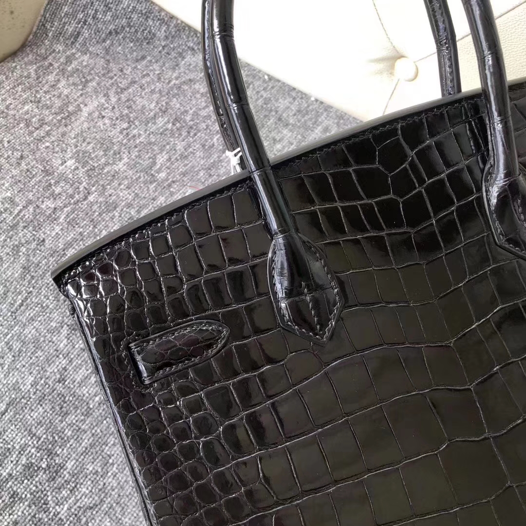 Hermès（爱马仕）Birkin铂金包 Porosus shiny 亮面澳洲湾鳄 ck89 黑色 noir 金扣 30cm
