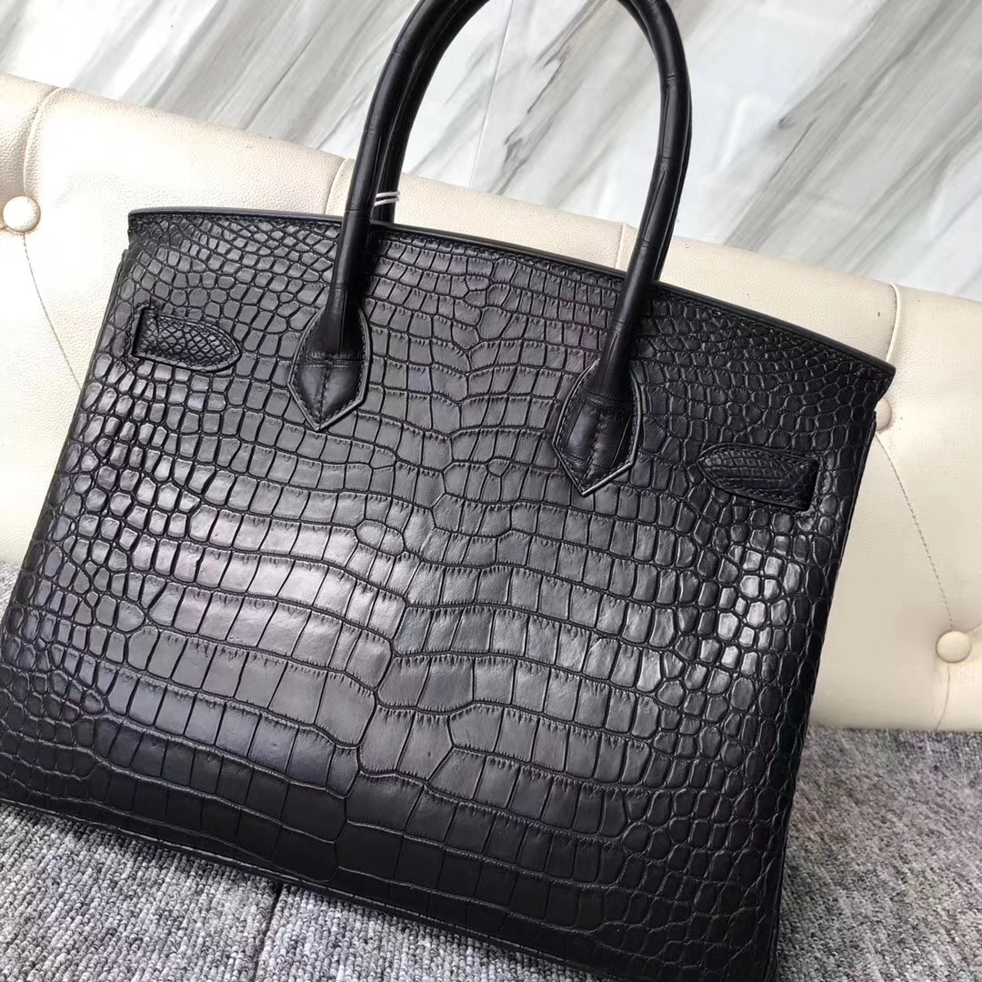 Hermès（爱马仕）Birkin铂金包 porosus matt 雾面澳洲湾鳄 ck89 黑色 noir 金扣 30cm
