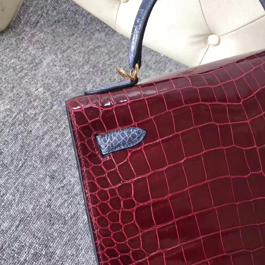Hermès（爱马仕）Kelly凯莉包 porosus shiny 祖母绿勃艮第酒红风暴蓝金扣 马蹄印 32cm