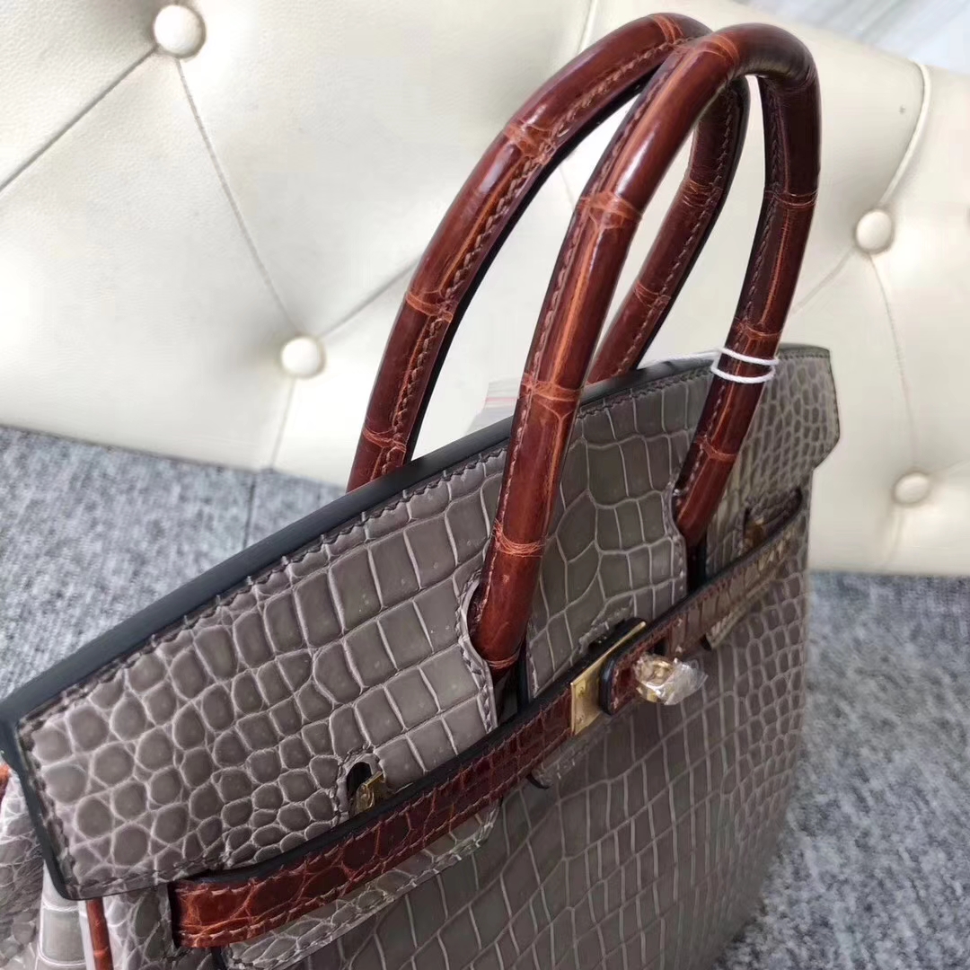 Hermès（爱马仕）Birkin铂金包 Porosus shiny 亮面澳洲鳄鱼 ck81 斑鸠灰  ck31 蜜糖棕 金扣 25cm