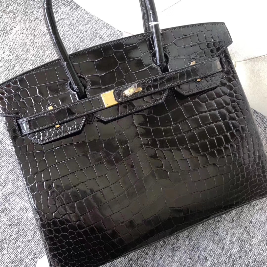 Hermès(爱马仕)Birkin铂金包 Porosus shiny 亮面澳洲湾鳄 ck89 黑色 noir 金扣 30cm-拉尔森鳄鱼皮具定制 - 爱马仕包包官网 Hermès(爱马仕)Birkin铂金包 Porosus shiny 亮面澳洲湾鳄 ck89 黑色 noir 金扣 30cm
