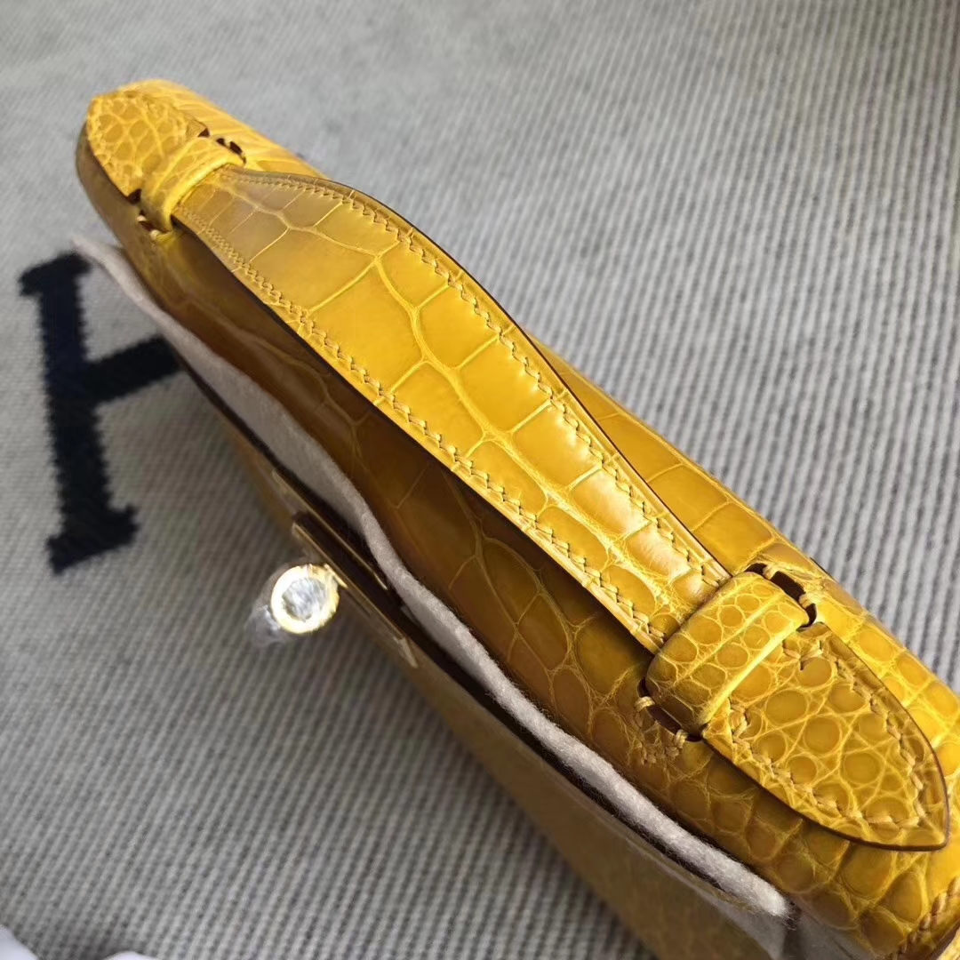 Hermès（爱马仕）MiniKelly 22cm Shiny alligator crocodile 亮面方块 美洲鳄鱼 9D琥珀黄 金扣 现货