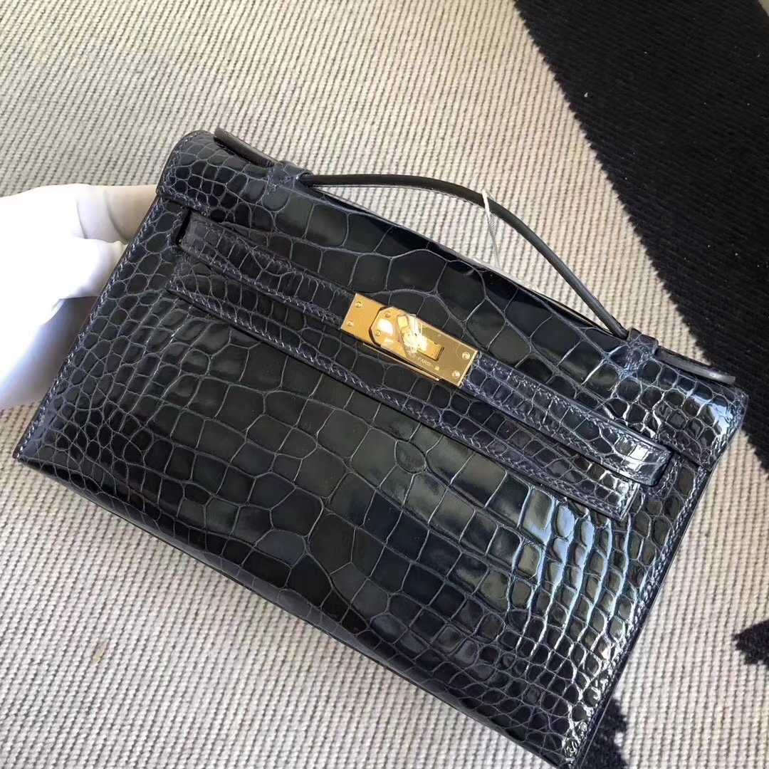 Hermès（爱马仕）MiniKelly 22cm Shiny alligator crocodile 亮面方块 美洲鳄鱼 CK76深海蓝 金扣 现货