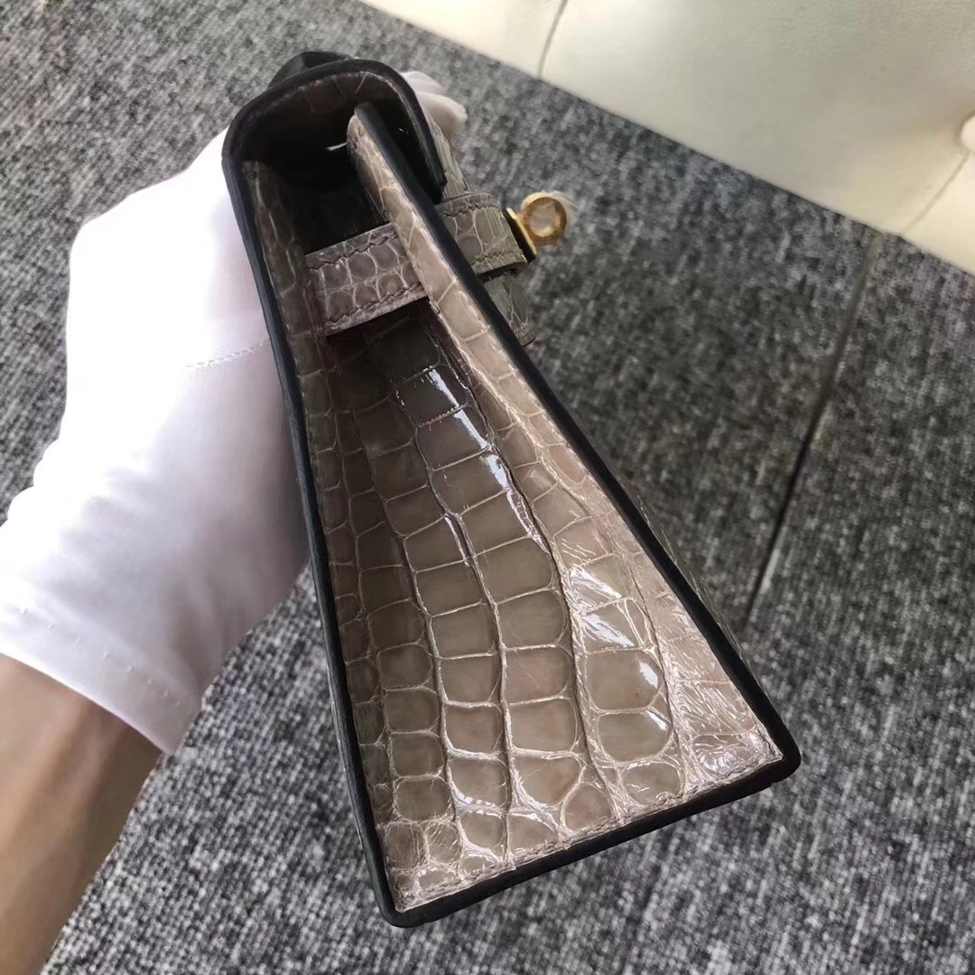 Hermès（爱马仕）MiniKelly 22cm Shiny alligator crocodile 亮面方块 美洲鳄鱼 CK81 斑鸠灰 金扣 现货